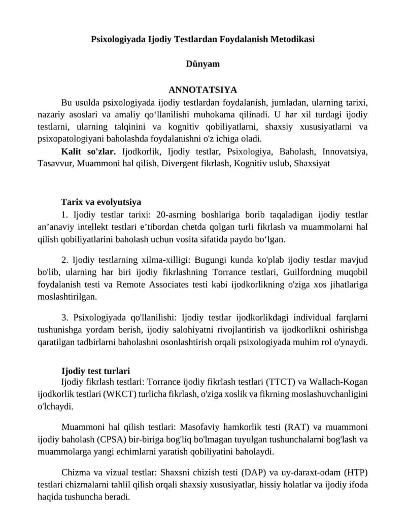 Psixologiyada Ijodiy Testlardan Foydalanish Metodikasi 1