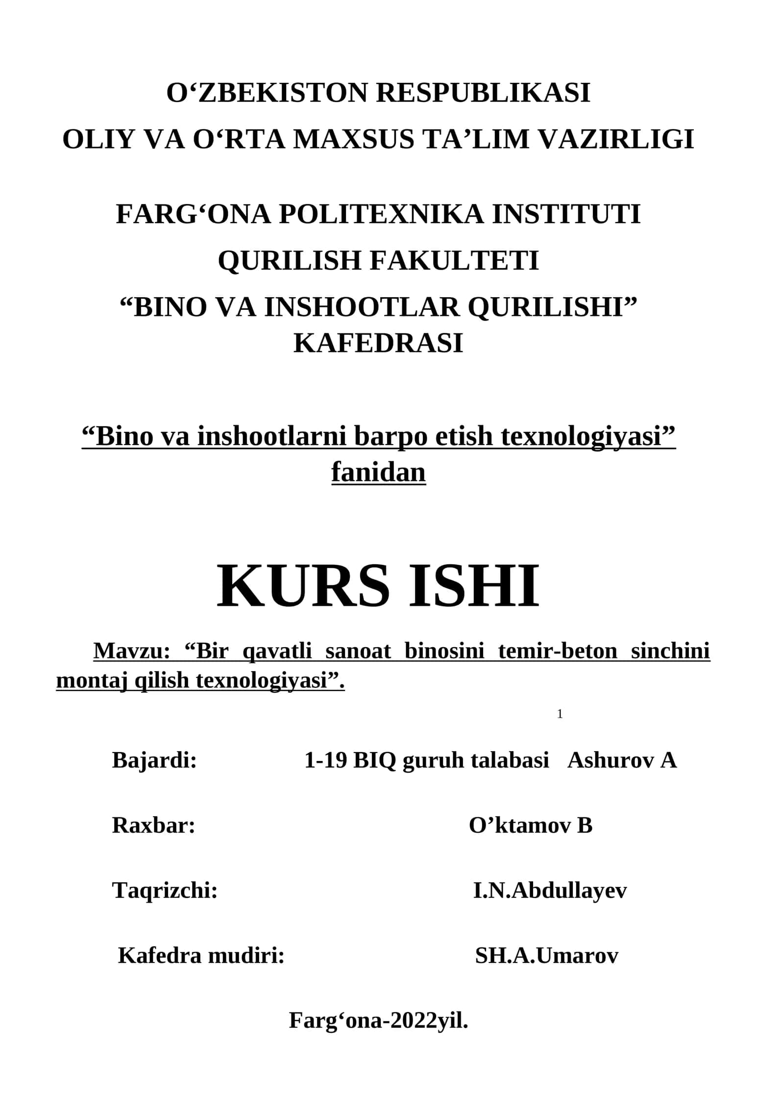 “Bir qavatli sanoat binosini temir-beton sinchini montaj qilish texnologiyasi” 1