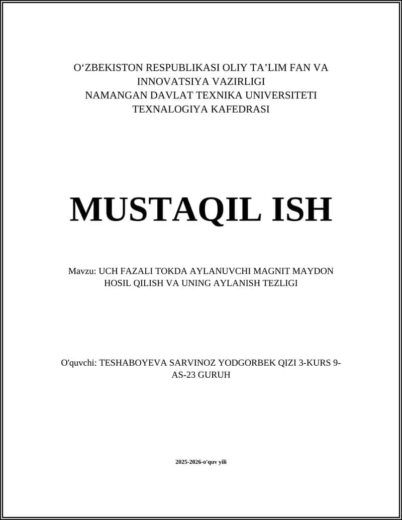 Uch fazali tokda aylanuvchi magnit maydon hosil qilish va uning aylanish tezligi 1