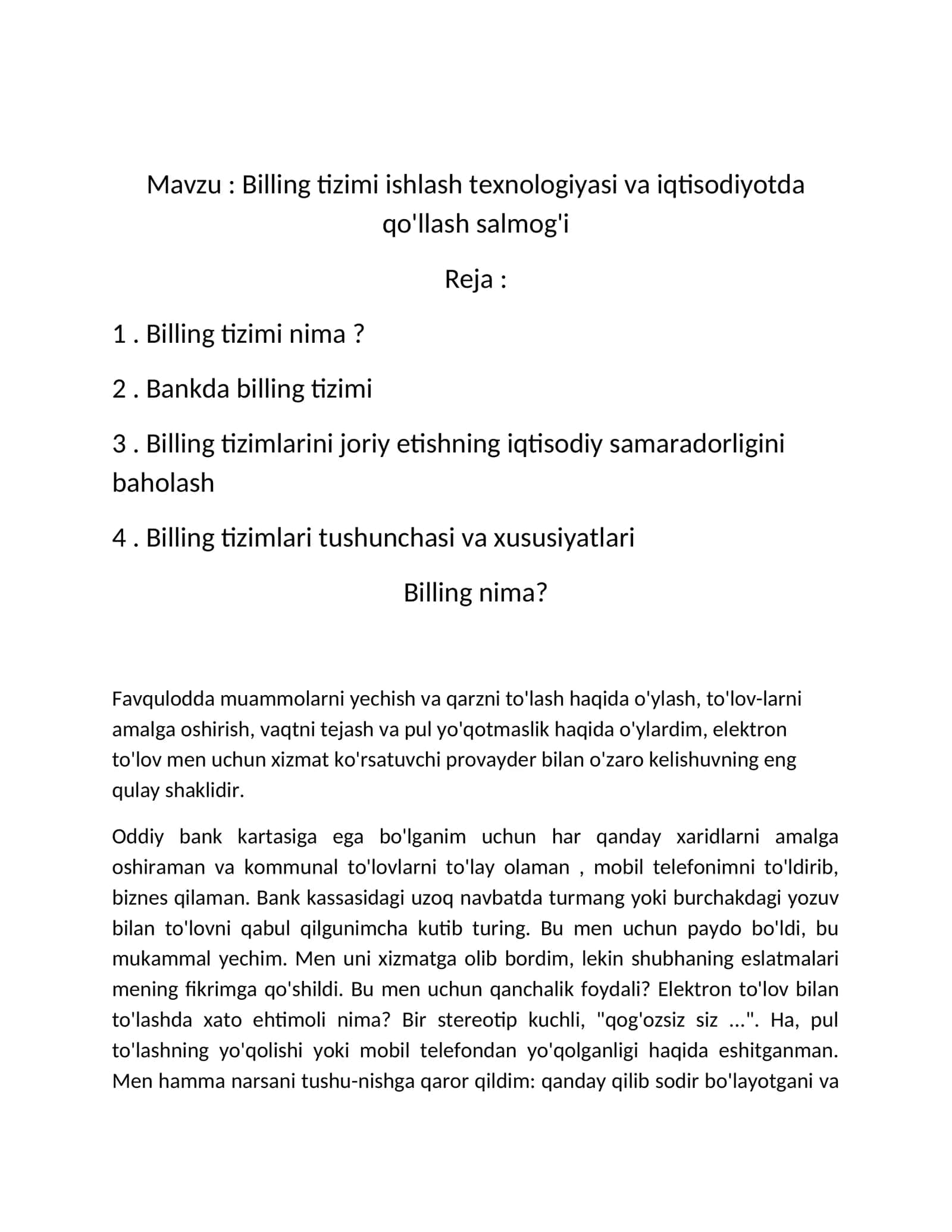 Billing tizimi ishlash texnologiyasi va iqtisodiyotda qo'llash salmog'i 1