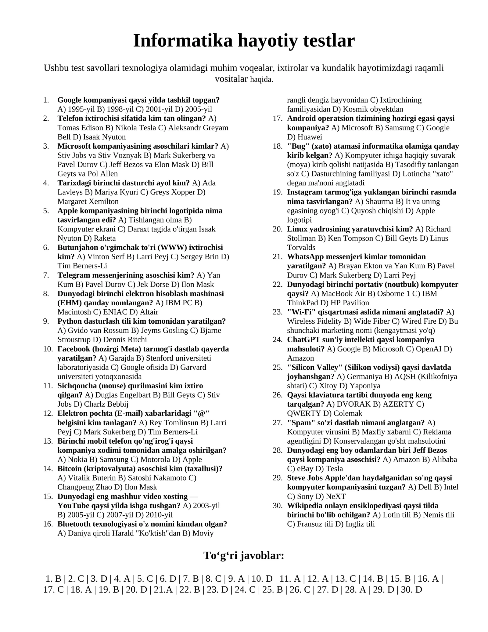 Informatikadan 30 hayotiy test 1