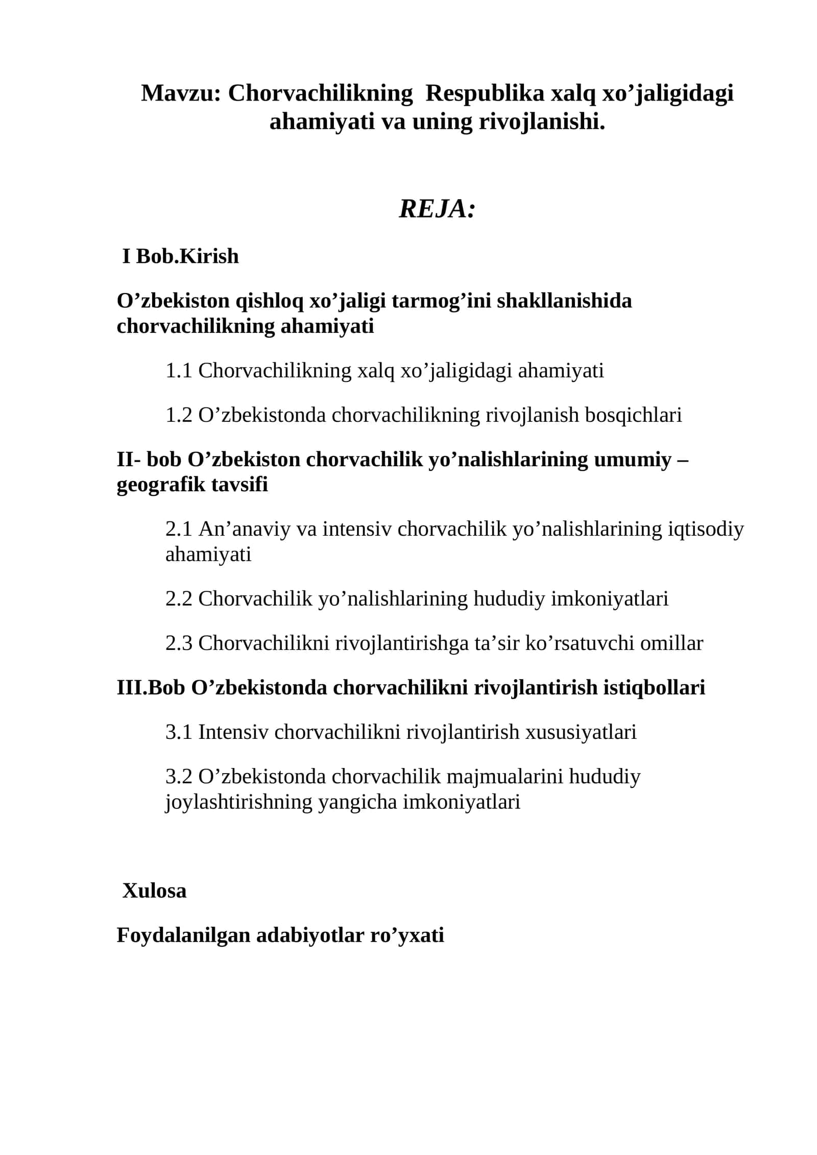 Chorvachilikning Respublika xalq xo’jaligidagi ahamiyati va uning rivojlanishi 1