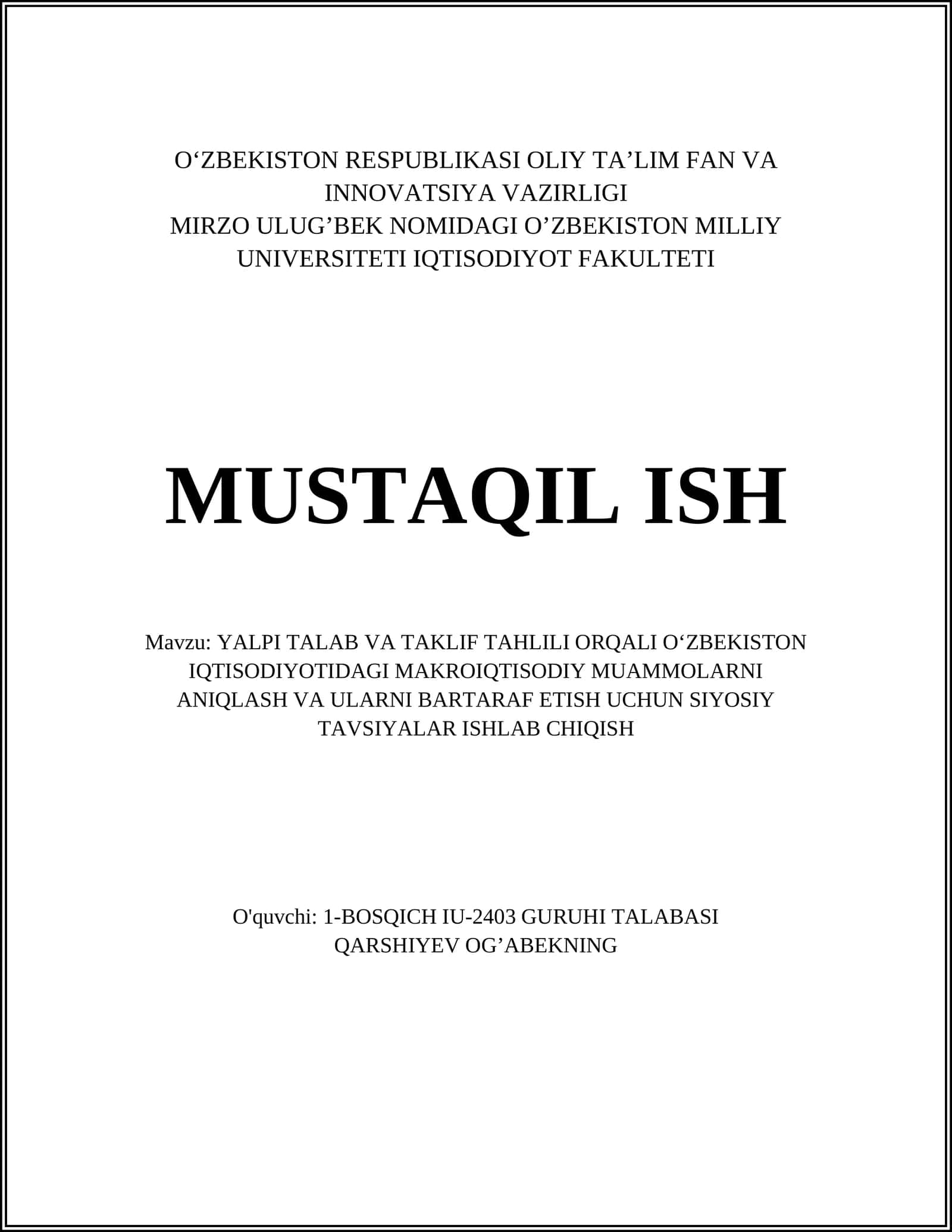 Yalpi talab va taklif tahlilining nazariy asoslari 1