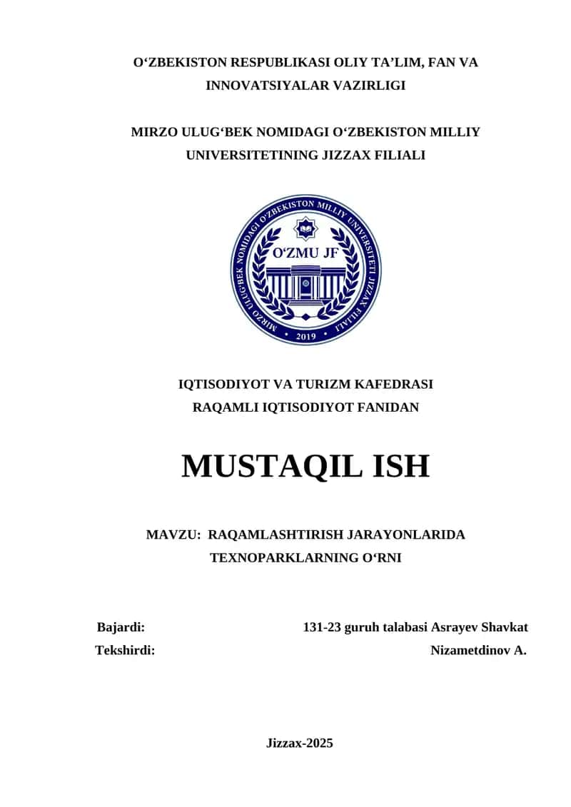 RAQAMLASHTIRISH JARAYONLARIDA TEXNOPARKLARNING OʻRNI 1