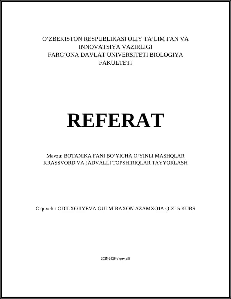 BOTANIKA FANI BOʻYICHA OʻYINLI MASHQLAR KRASSVORD VA JADVALLI TOPSHIRIQLAR TAYYORLASH 1