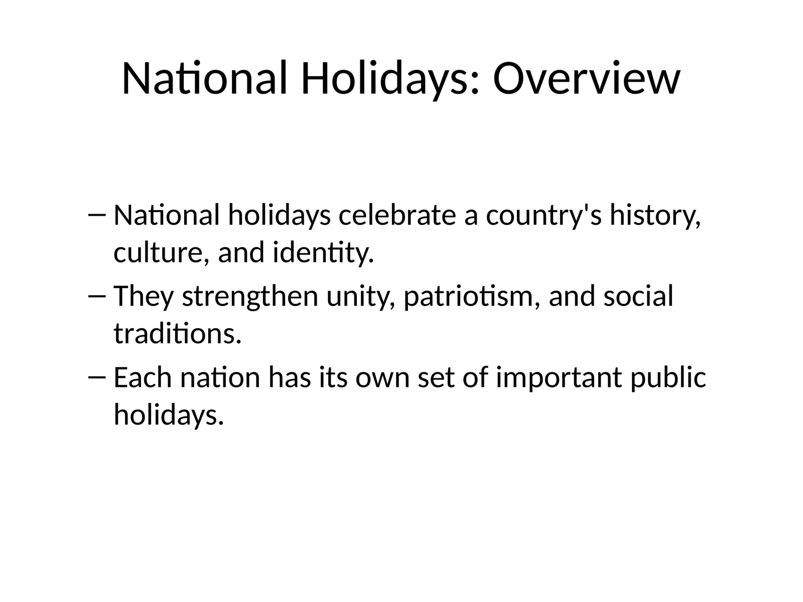 National Holidays: Overview 1