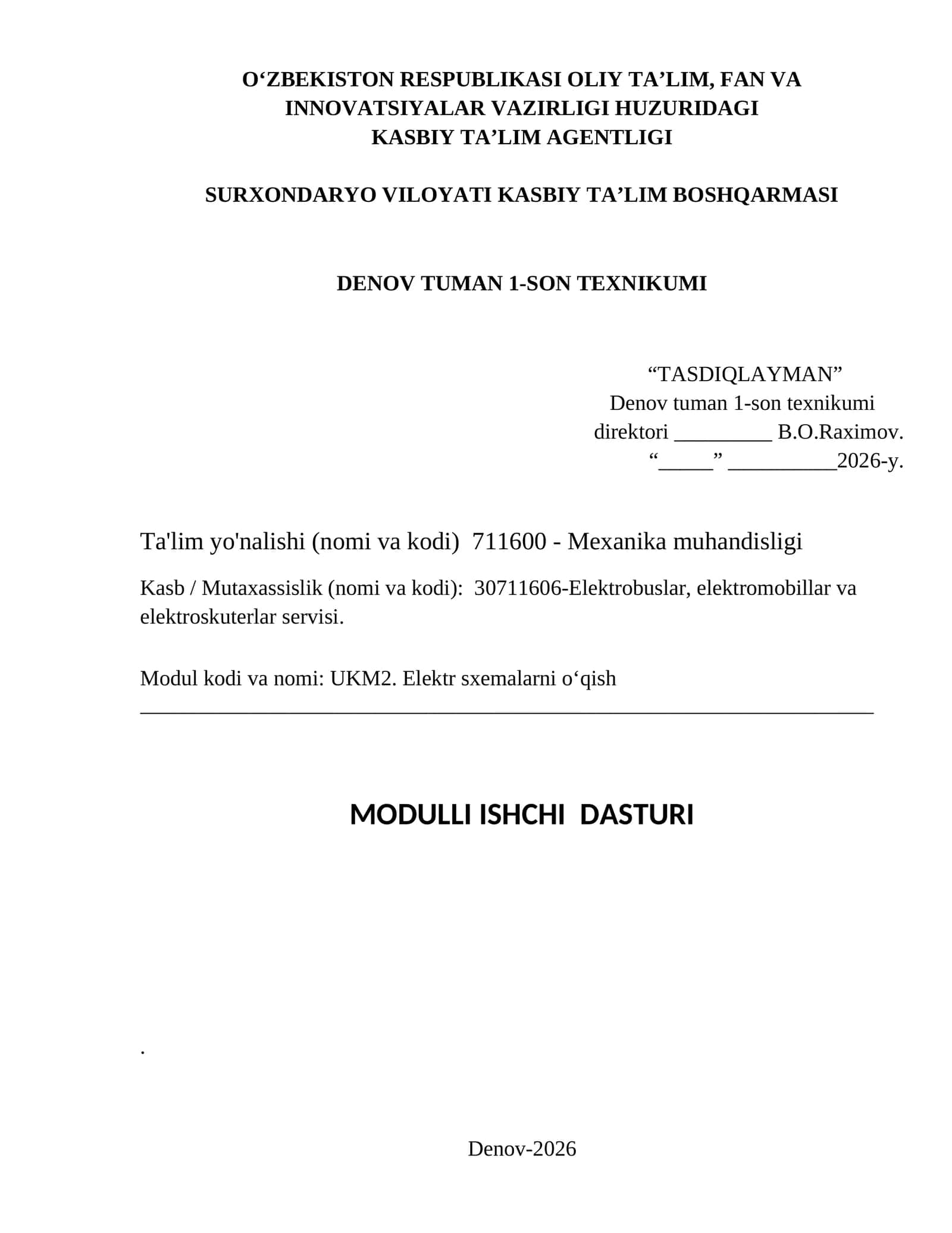 UKM2. Elektr sxemalarni o‘qish MODULLI ISHCHI DASTURI 1