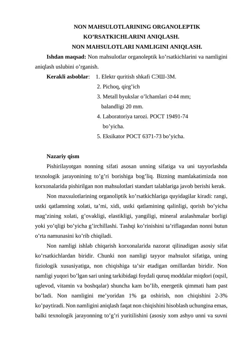 NON MAHSULOTLARINING ORGANOLEPTIK KO’RSATKICHLARINI ANIQLASH 1