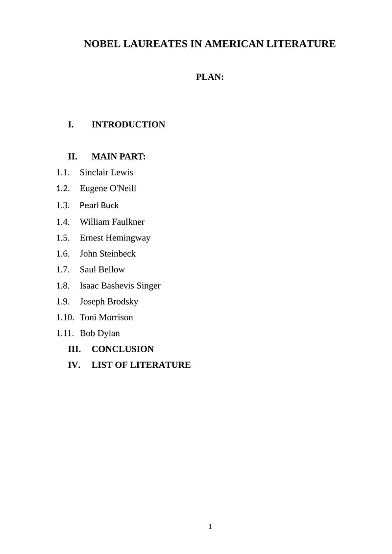 NOBEL LAUREATES IN AMERICAN LITERATURE 1