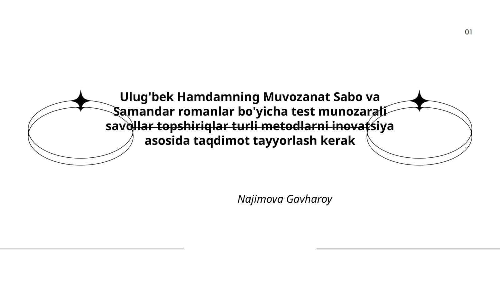 Ulug'bek Hamdamning Muvozanat Sabo va Samandar romanlar bo'yicha test munozarali savollar topshiriqlar turli metodlarni inovatsiya asosida taqdimot tayyorlash kerak 1