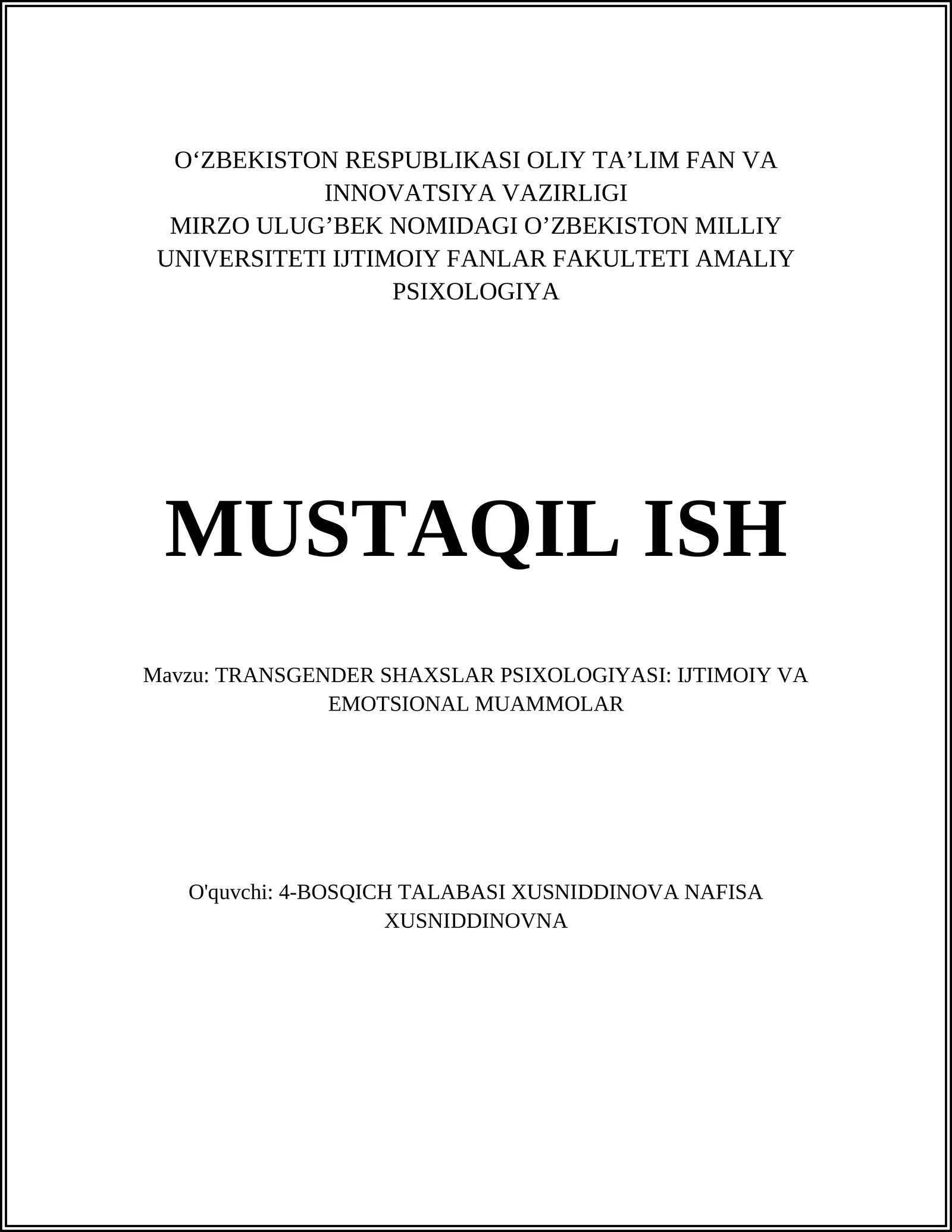 TRANSGENDER SHAXSLAR PSIXOLOGIYASI: IJTIMOIY VA EMOTSIONAL MUAMMOLAR 1