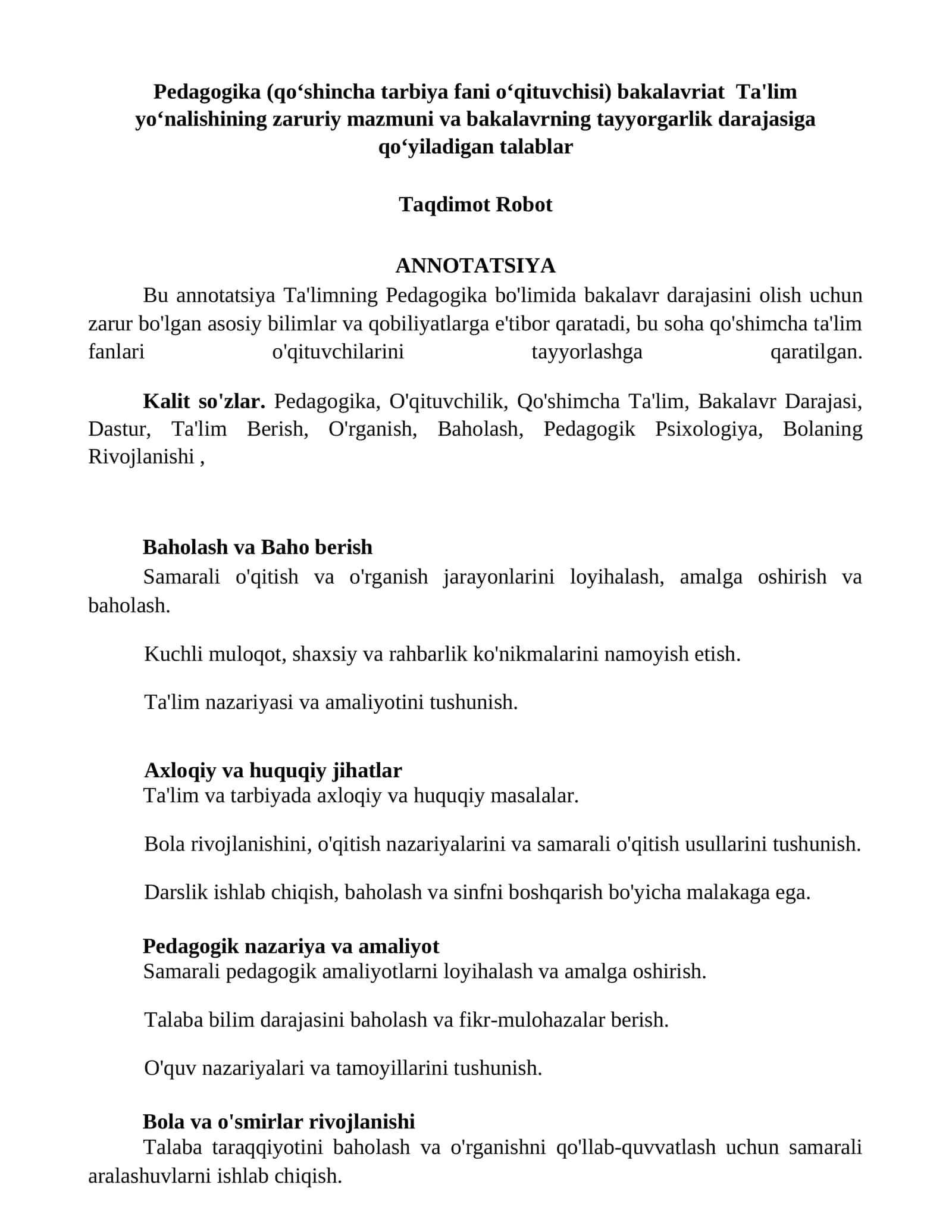 Pedagogika (qoʻshincha tarbiya fani oʻqituvchisi) bakalavriat Ta'lim yoʻnalishining zaruriy mazmuni va bakalavrning tayyorgarlik darajasiga qoʻyiladigan talablar 1