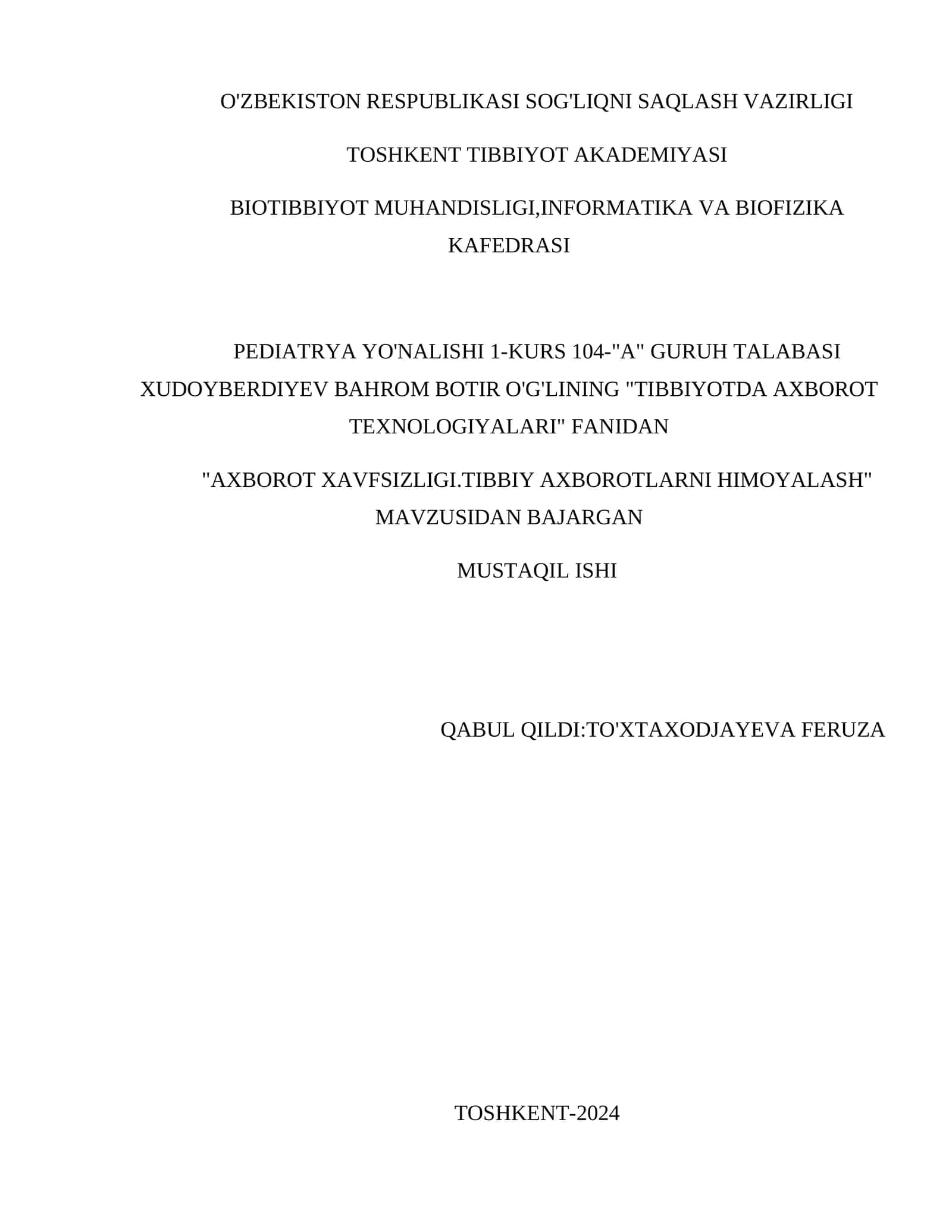 AXBOROT XAVFSIZLIGI.TIBBIY AXBOROTLARNI HIMOYALASH 1