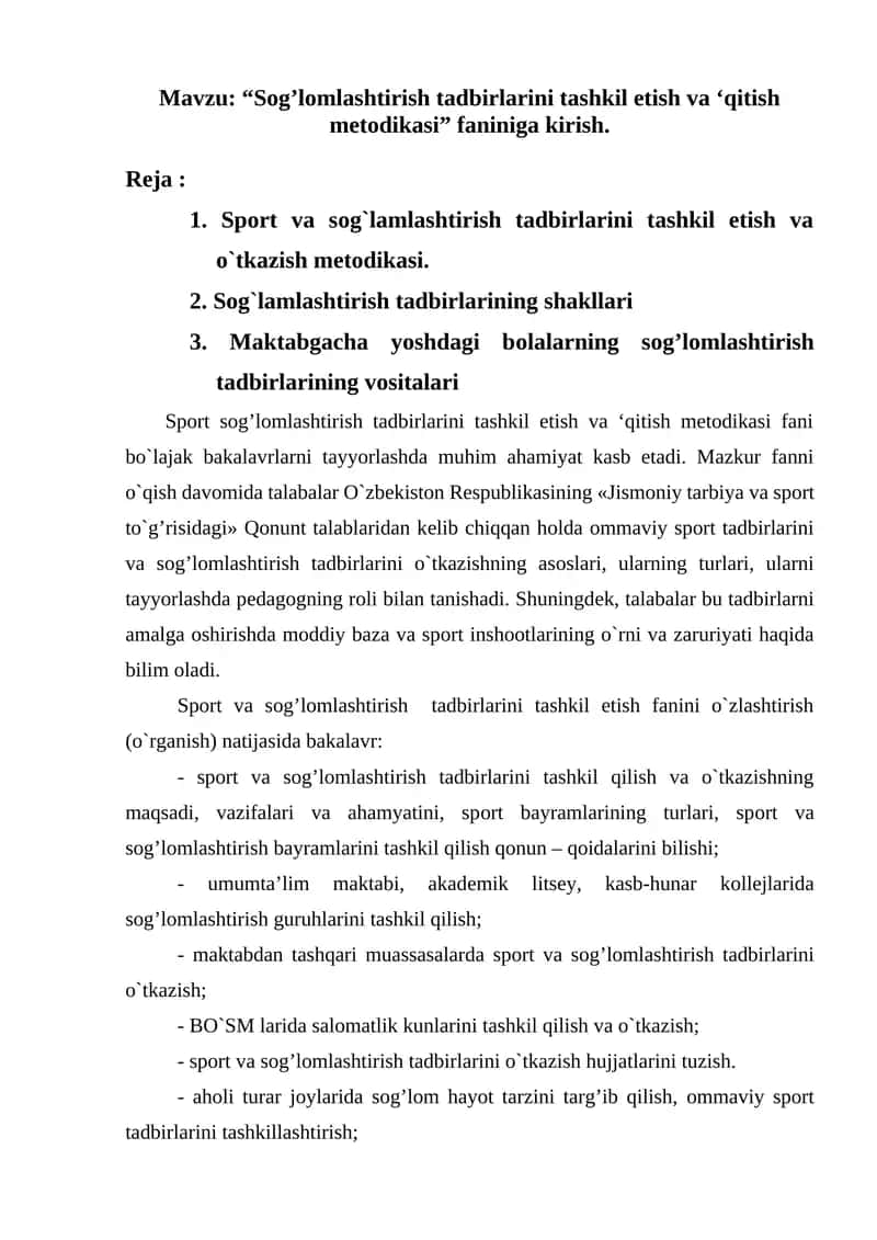 Spоrt va sоg`lamlashtirish tadbirlarini tashkil etish va o`tkazish mеtоdikasi 1
