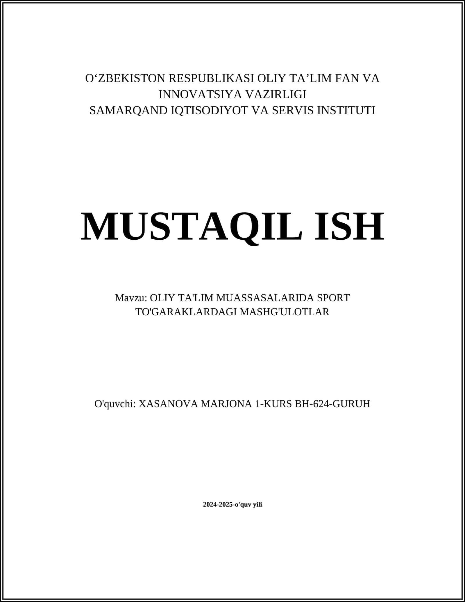 OLIY TA'LIM MUASSASALARIDA SPORT TO'GARAKLARDAGI MASHG'ULOTLAR 1