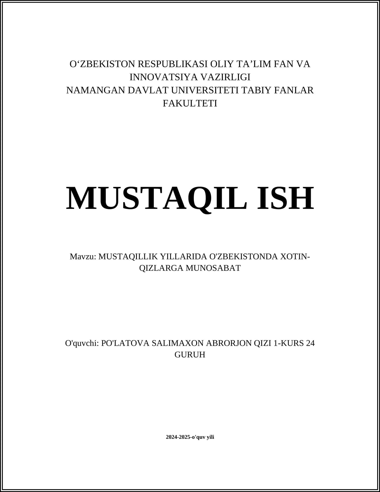 MUSTAQILLIK YILLARIDA O'ZBEKISTONDA XOTIN-QIZLARGA MUNOSABAT 1