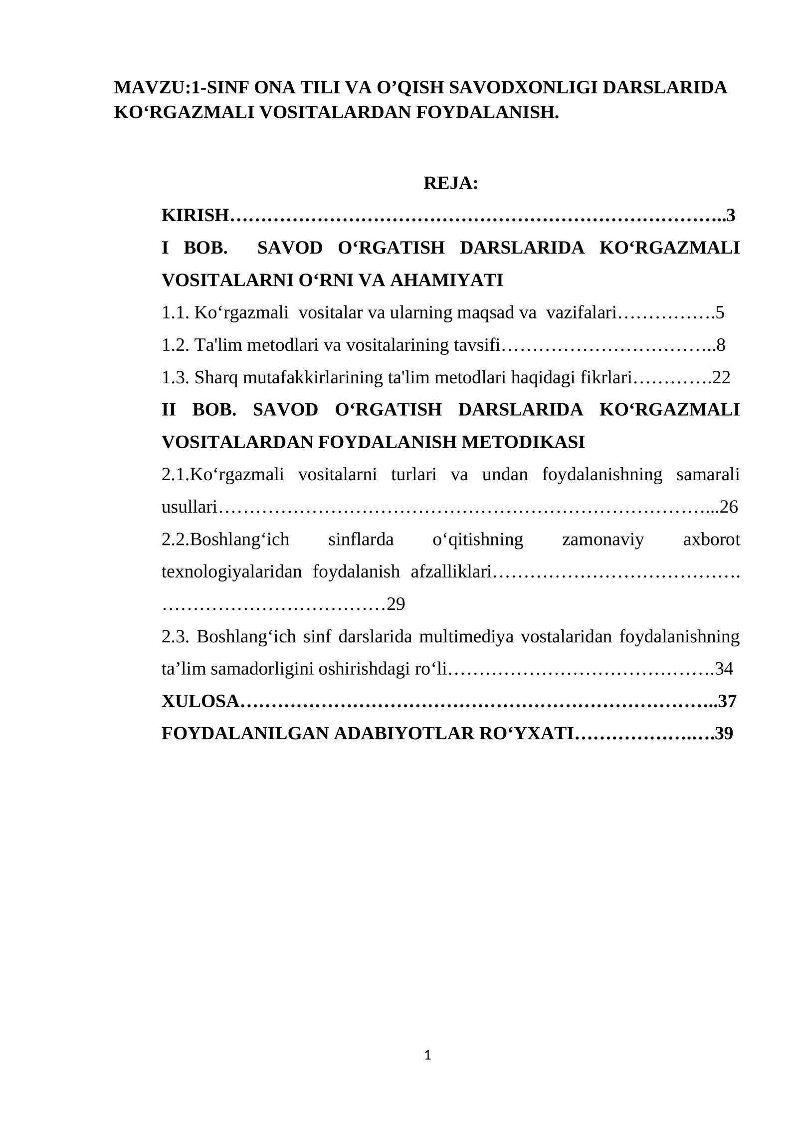 1-SINF ONA TILI VA O’QISH SAVODXONLIGI DARSLARIDA KOʻRGAZMALI VOSITALARDAN FOYDALANISH 1