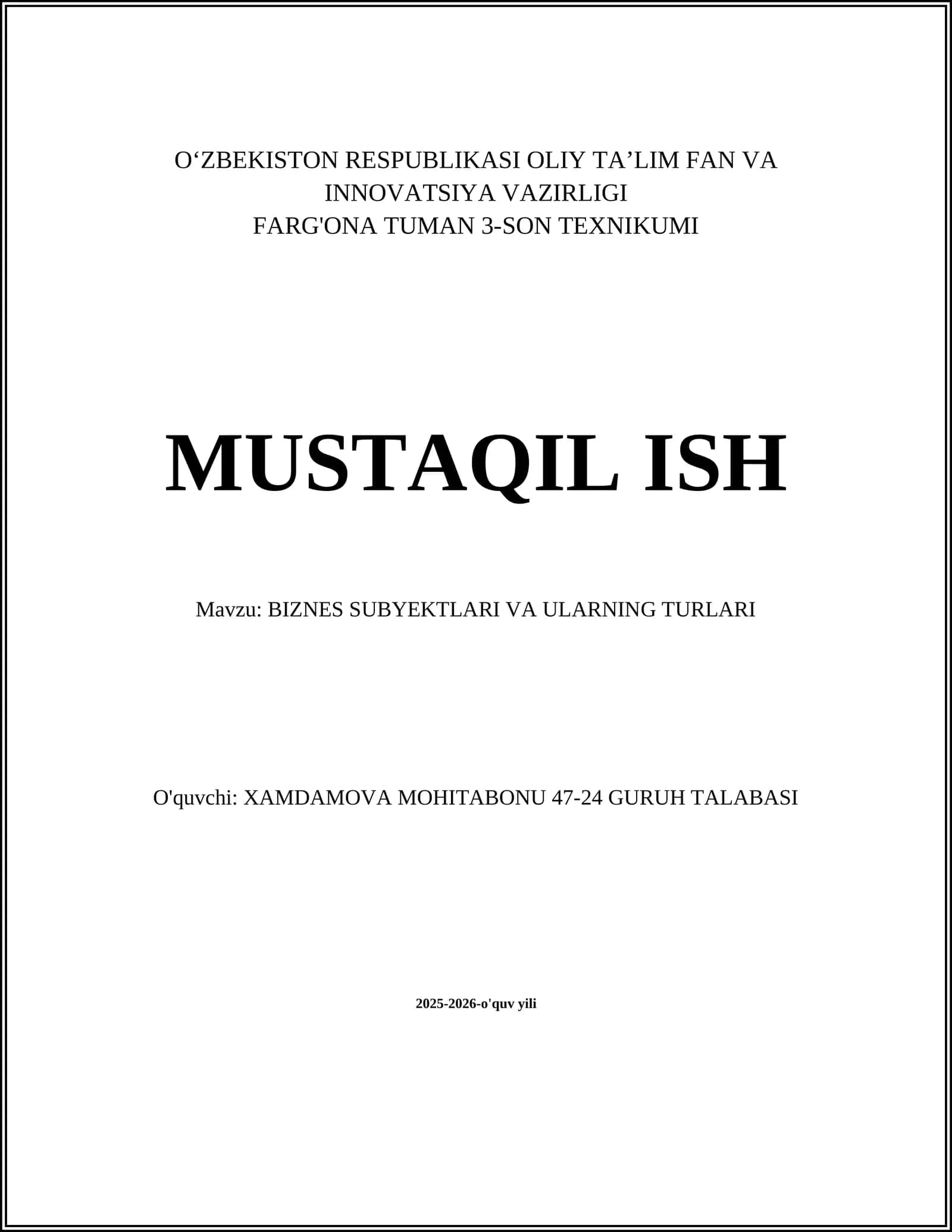 Biznes Subyektlari va Ularning Turlari 1