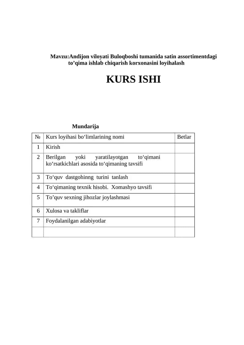 Andijon viloyati Buloqboshi tumanida satin assortimentdagi to’qima ishlab chiqarish korxonasini loyihalash 1