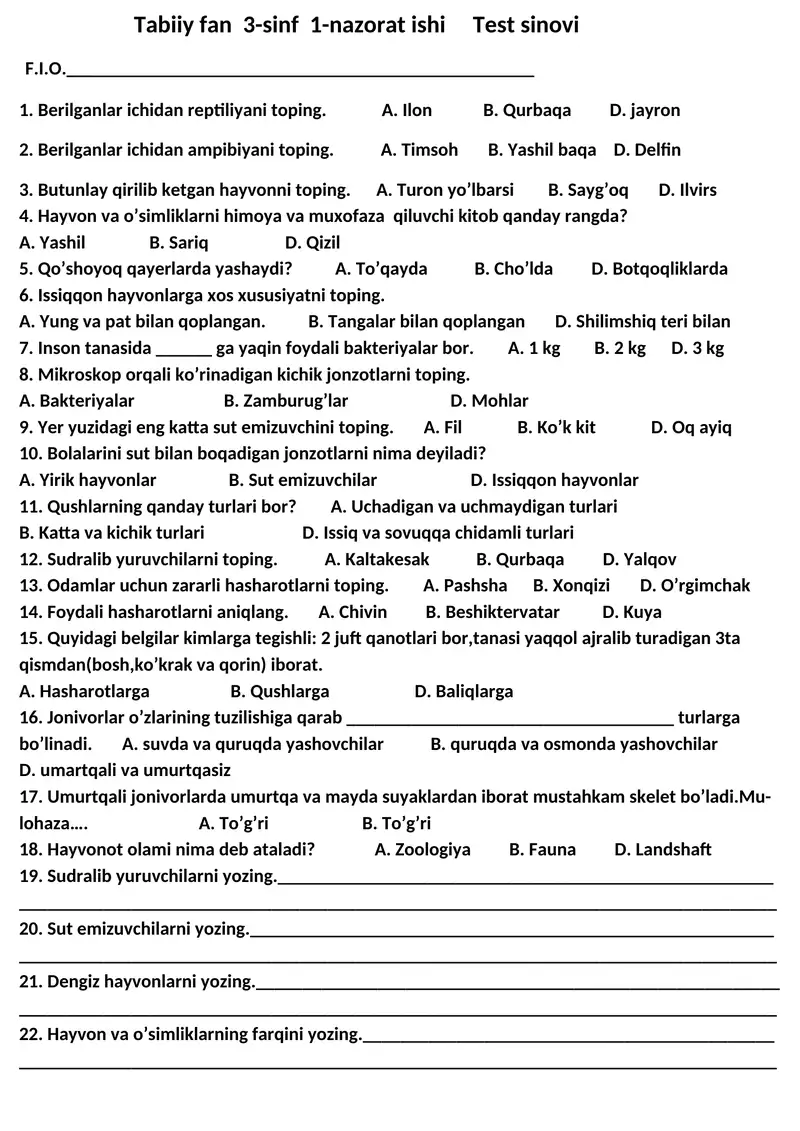 Tabiiy fan 3-sinf 1-nazorat ishi Test sinovi 1