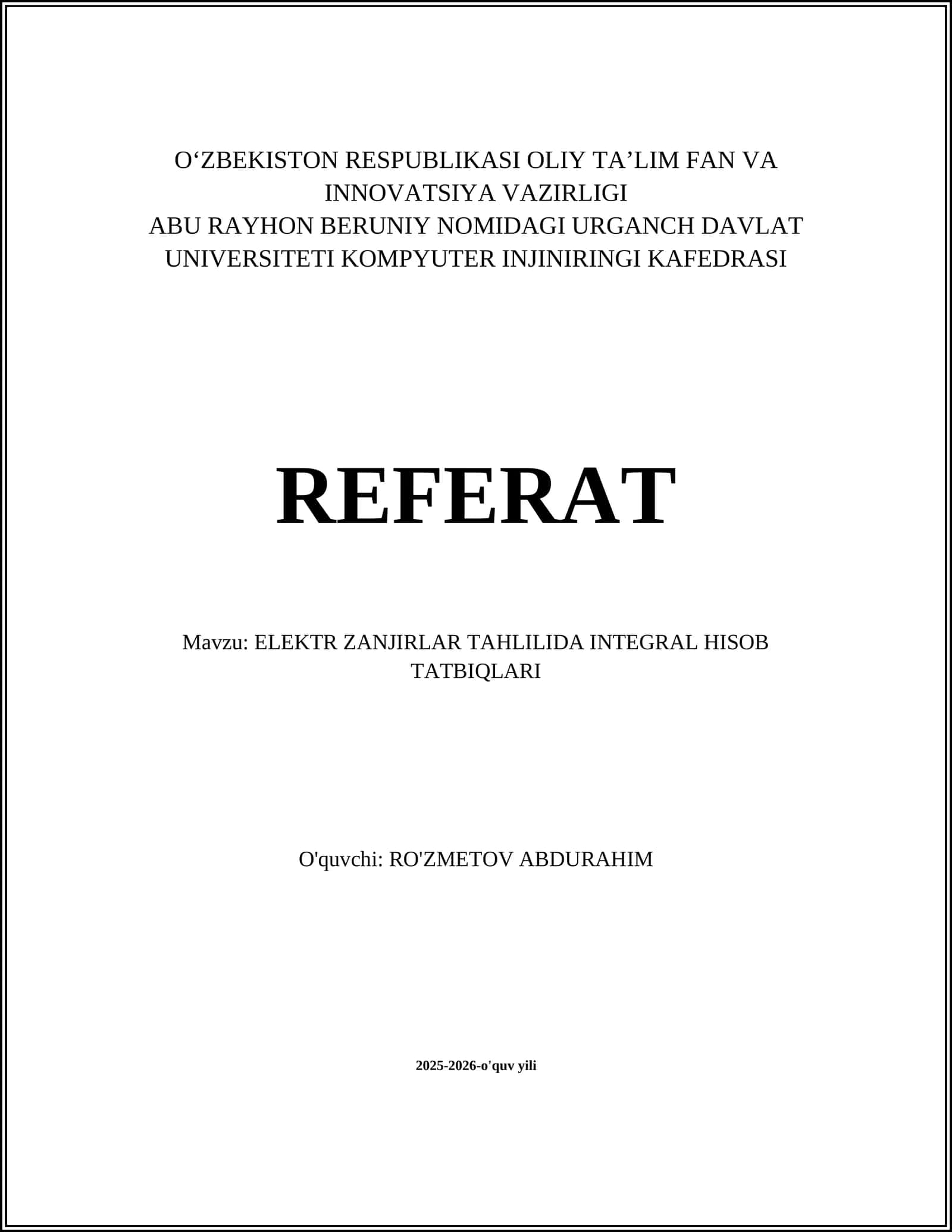 ELEKTR ZANJIRLAR TAHLILIDA INTEGRAL HISOB TATBIQLARI 1