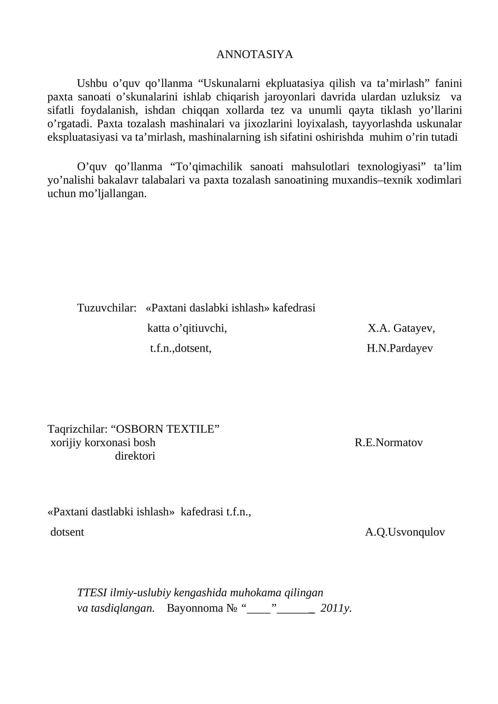 Uskunalarni ekpluatasiya qilish va ta’mirlash 1