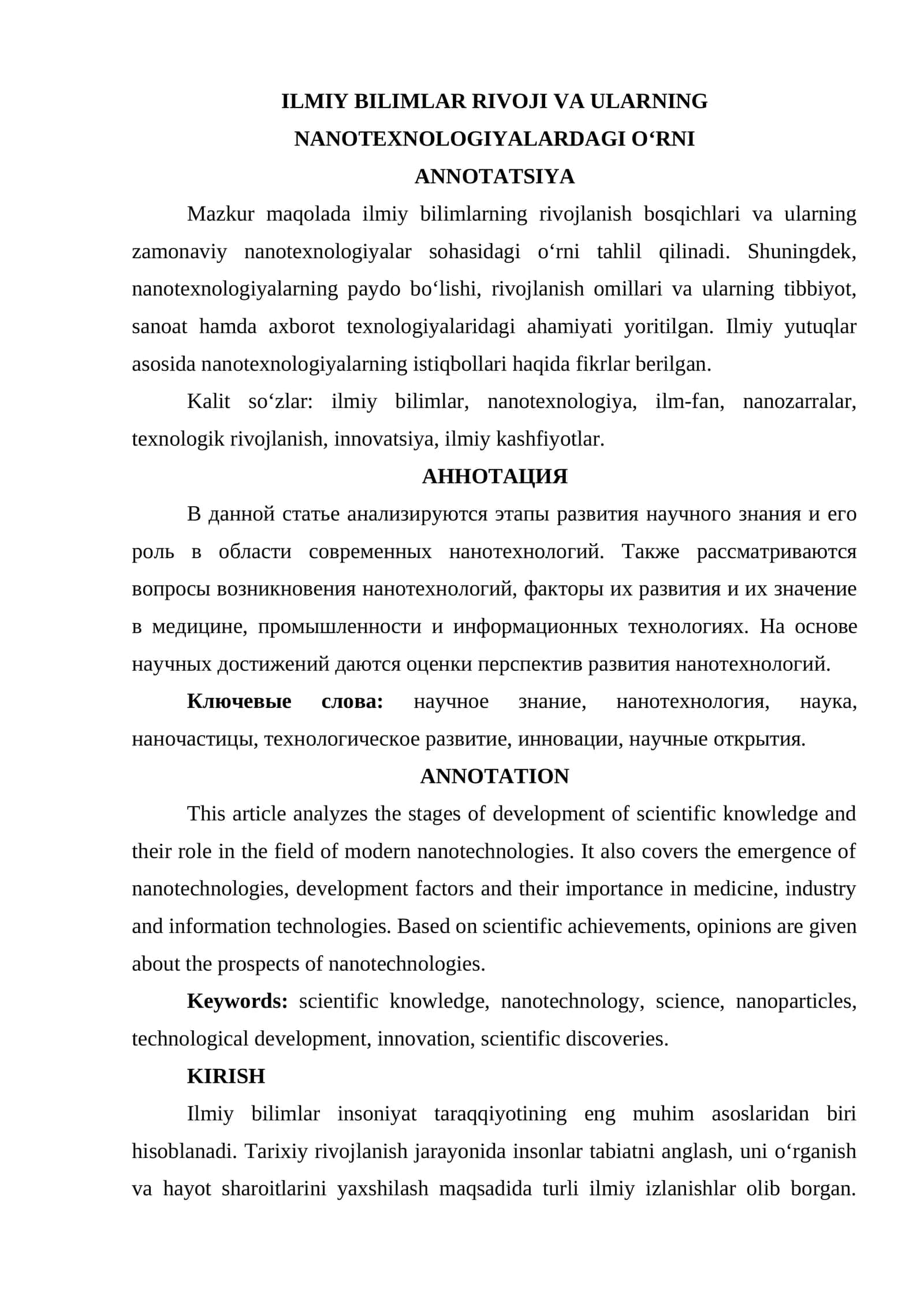 ILMIY BILIMLAR RIVOJI VA ULARNING NANOTEXNOLOGIYALARDAGI O‘RNI 1
