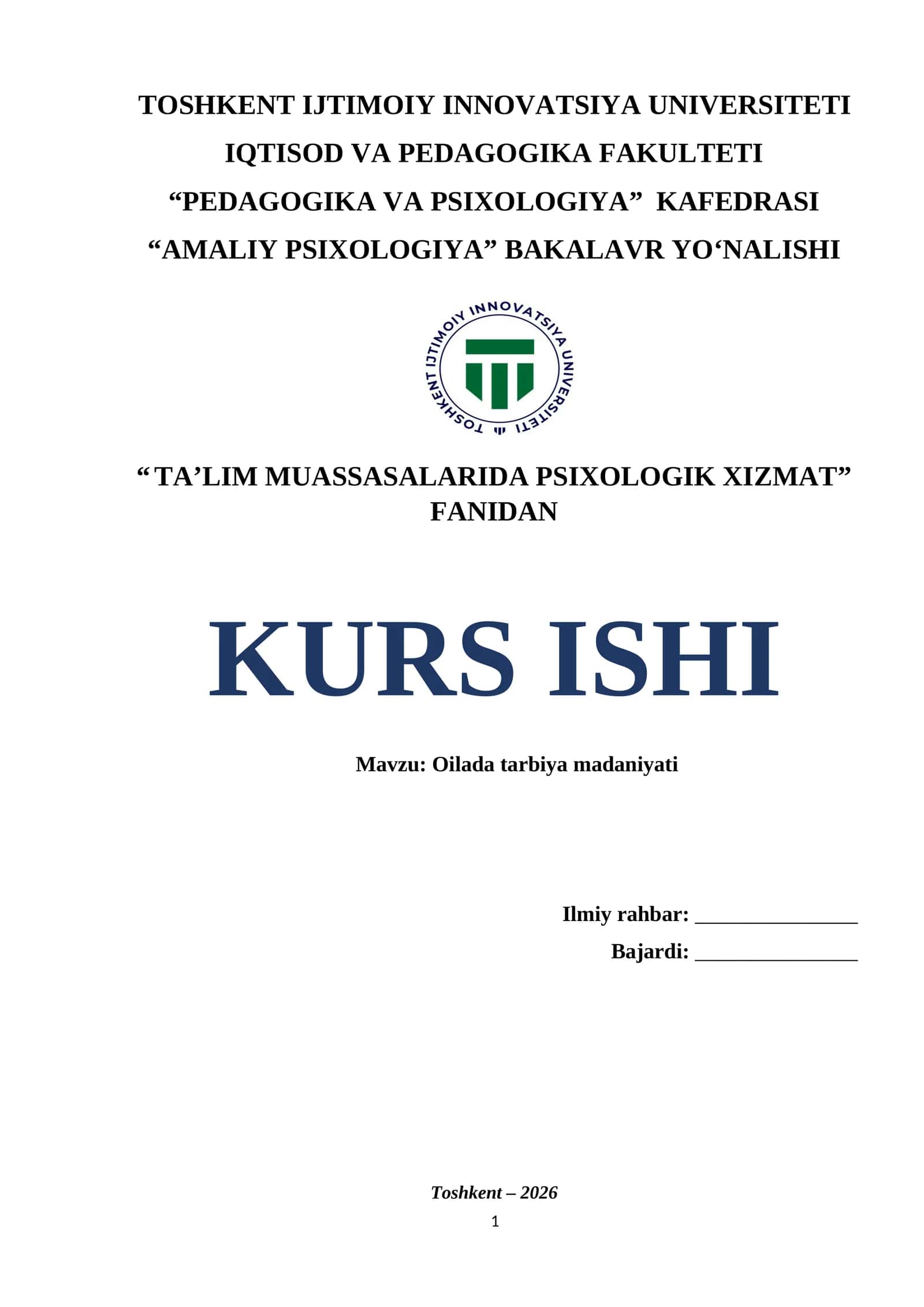 Oilada tarbiya madaniyati. 1