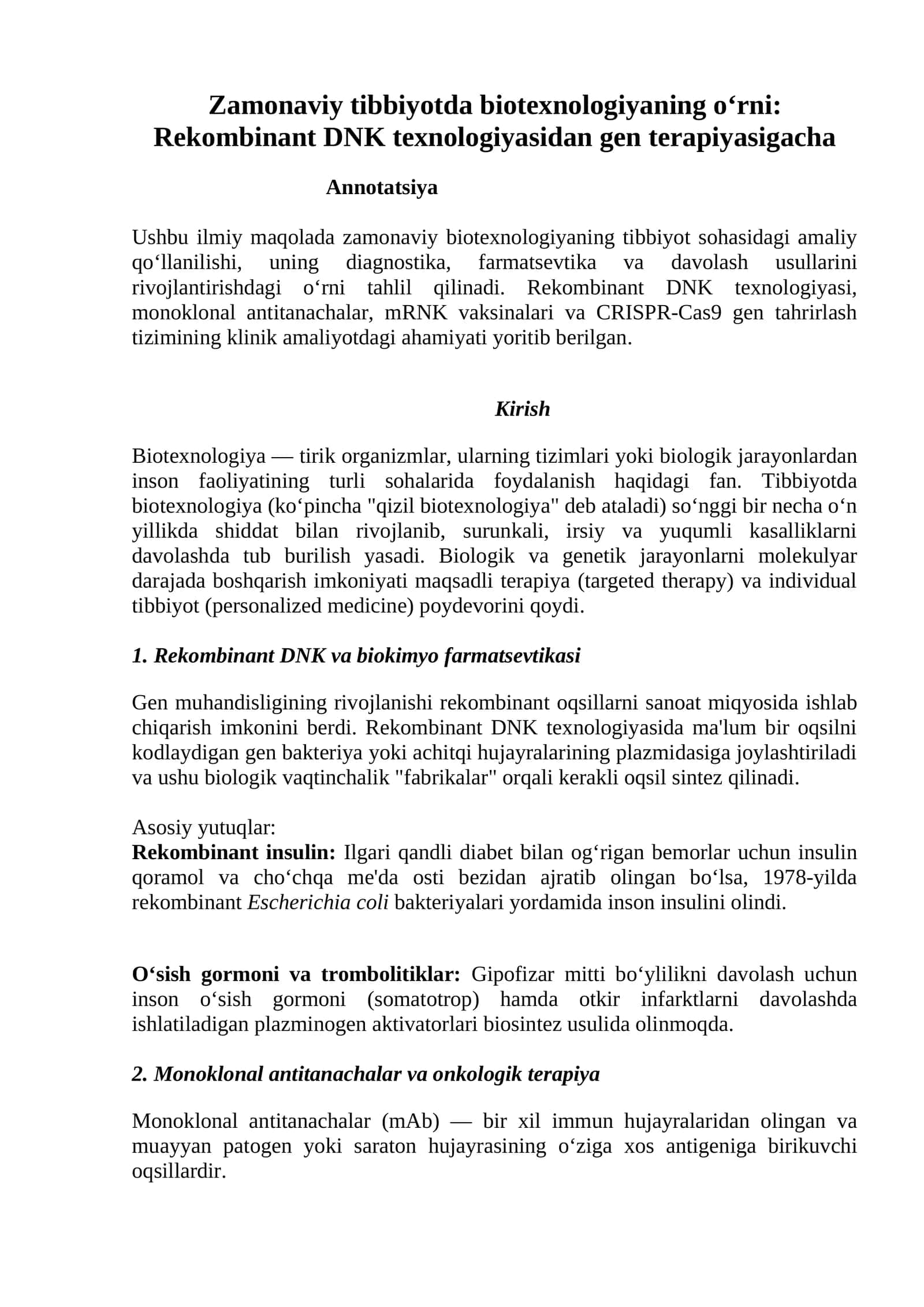 Zamonaviy tibbiyotda biotexnologiyaning o‘rni: Rekombinant DNK texnologiyasidan gen terapiyasigacha 1