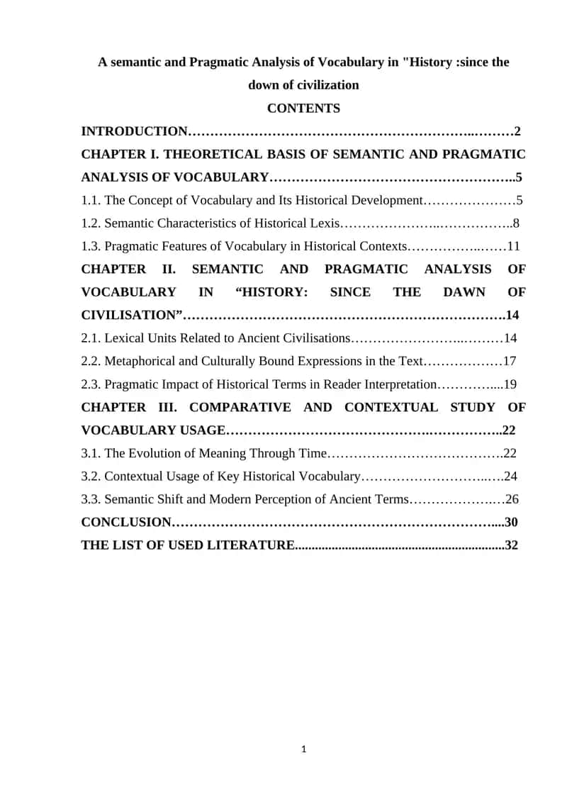 A semantic and Pragmatic Analysis of Vocabulary in History since the down of civilization 1