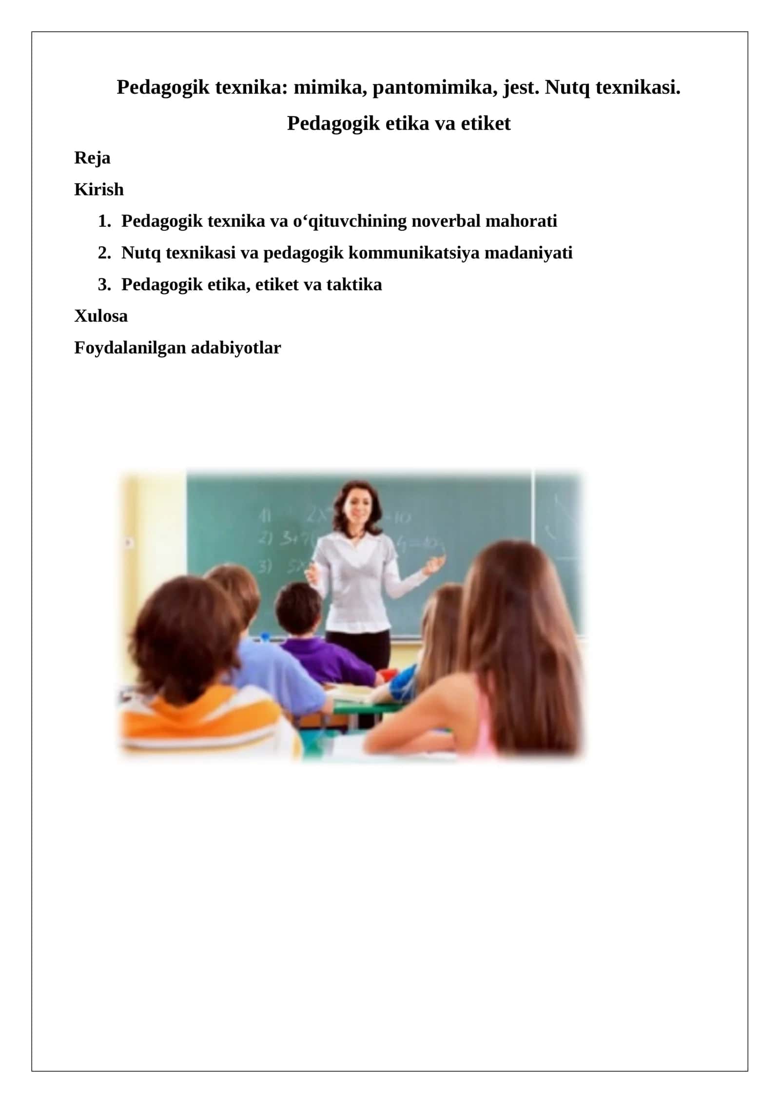 Pedagogik texnika: mimika, pantomimika, jest. Nutq texnikasi. Pedagogik etika va etiket 1