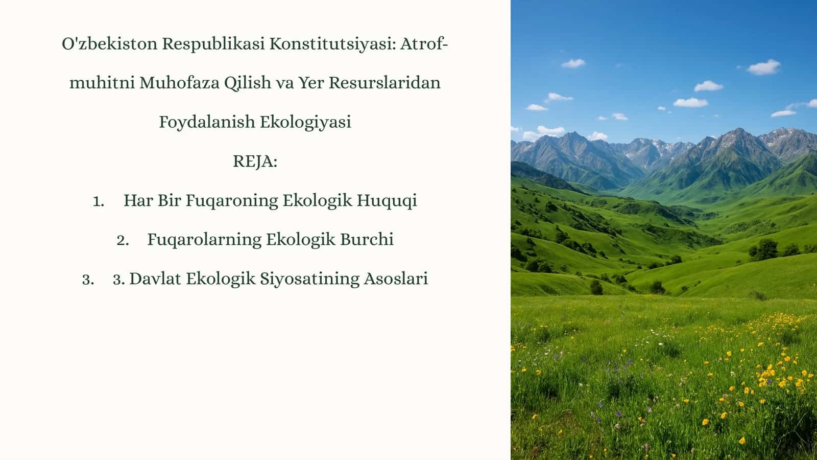 O'zbekiston Respublikasi Konstitutsiyasi: Atrof-muhitni Muhofaza Qilish va Yer Resurslaridan Foydalanish Ekologiyasi 1