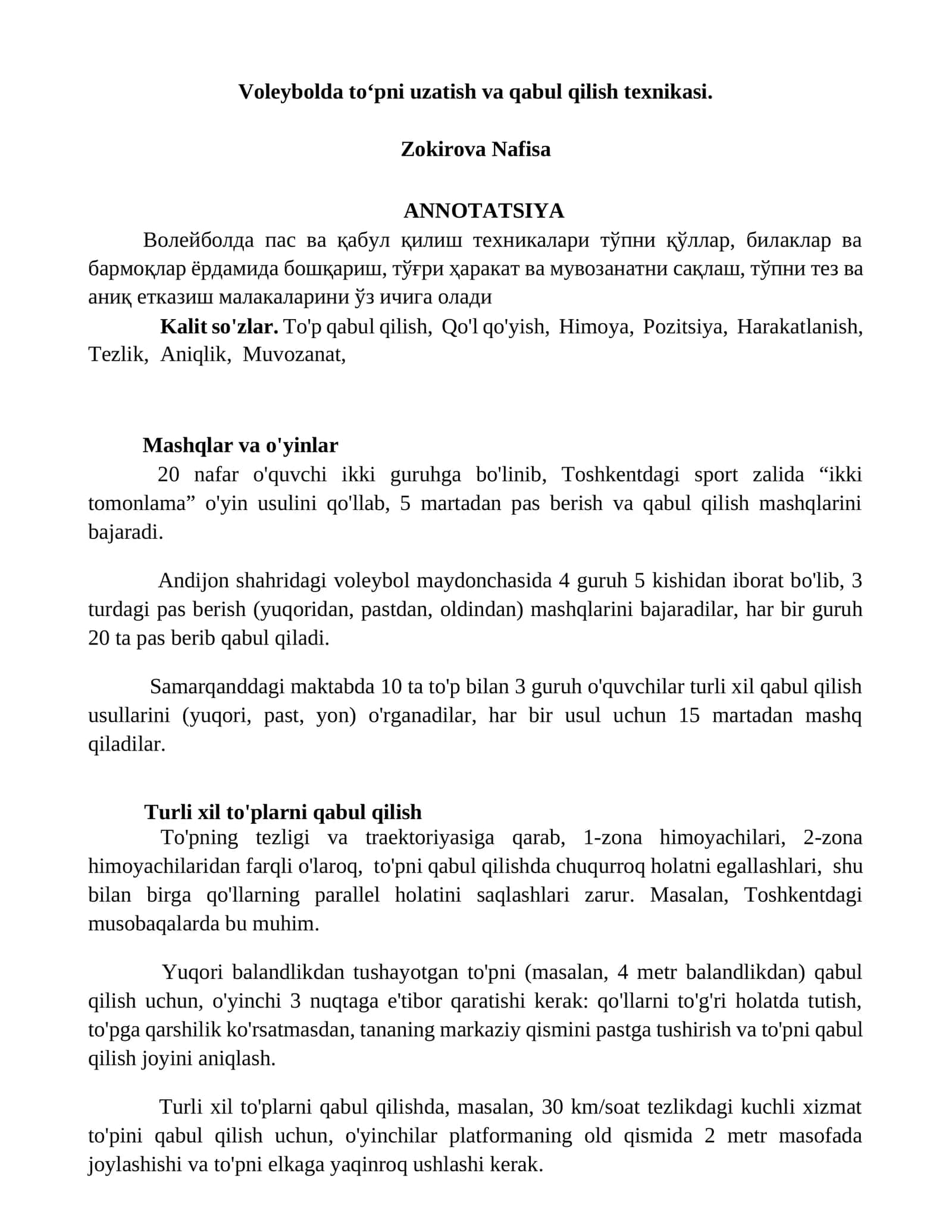 Voleybolda to‘pni uzatish va qabul qilish texnikasi 1