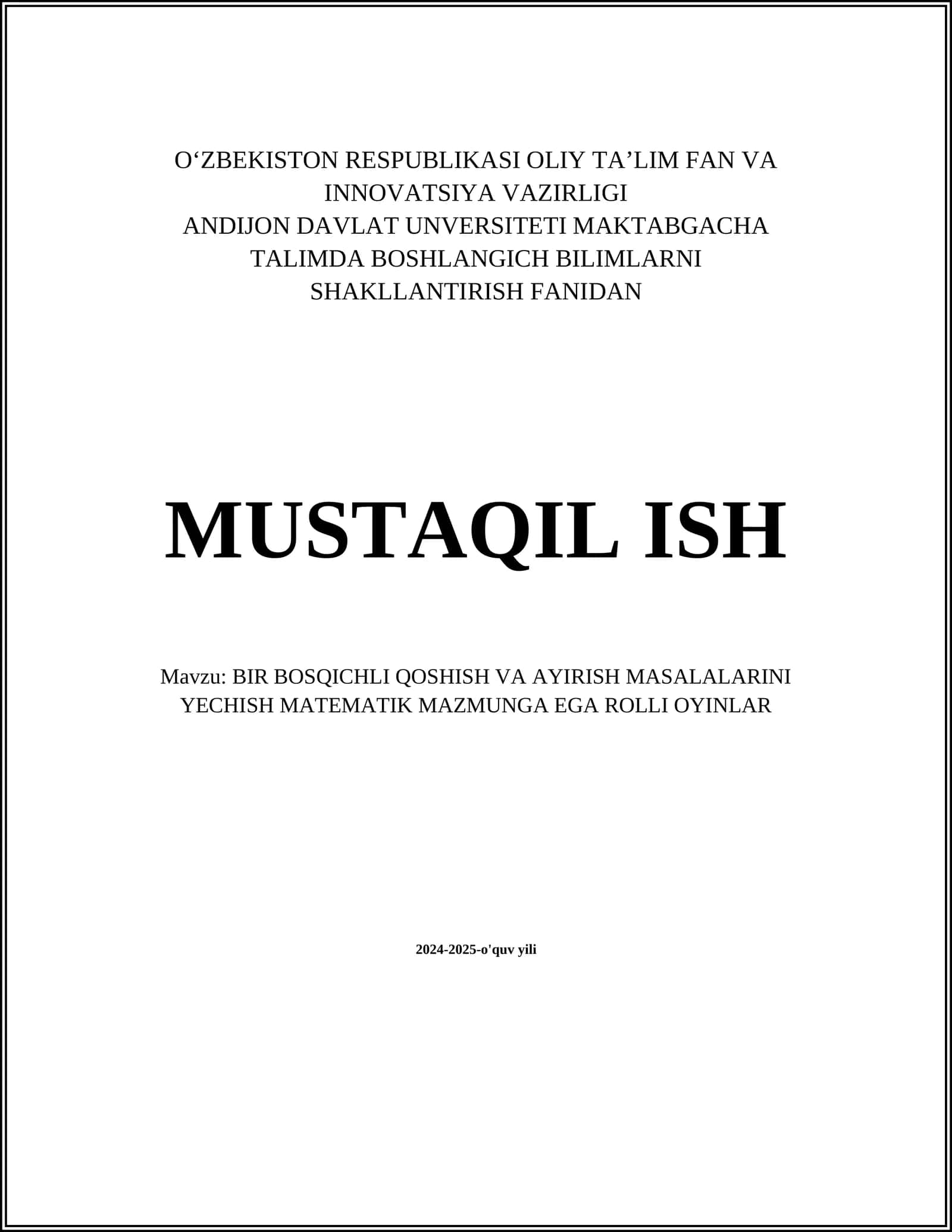BIR BOSQICHLI QOSHISH VA AYIRISH MASALALARINI YECHISH MATEMATIK MAZMUNGA EGA ROLLI OYINLAR 1