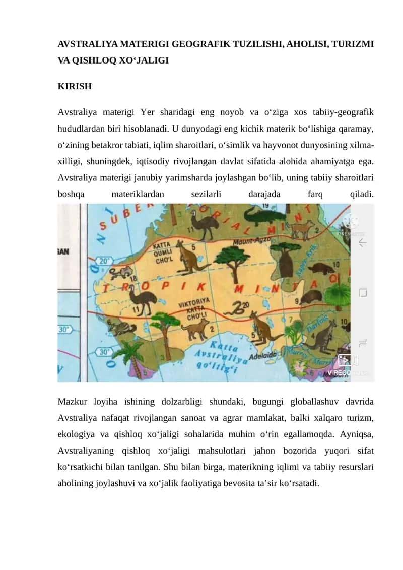 AVSTRALIYA MATERIGI GEOGRAFIK TUZILISHI, AHOLISI, TURIZMI VA QISHLOQ XO‘JALIGI 1