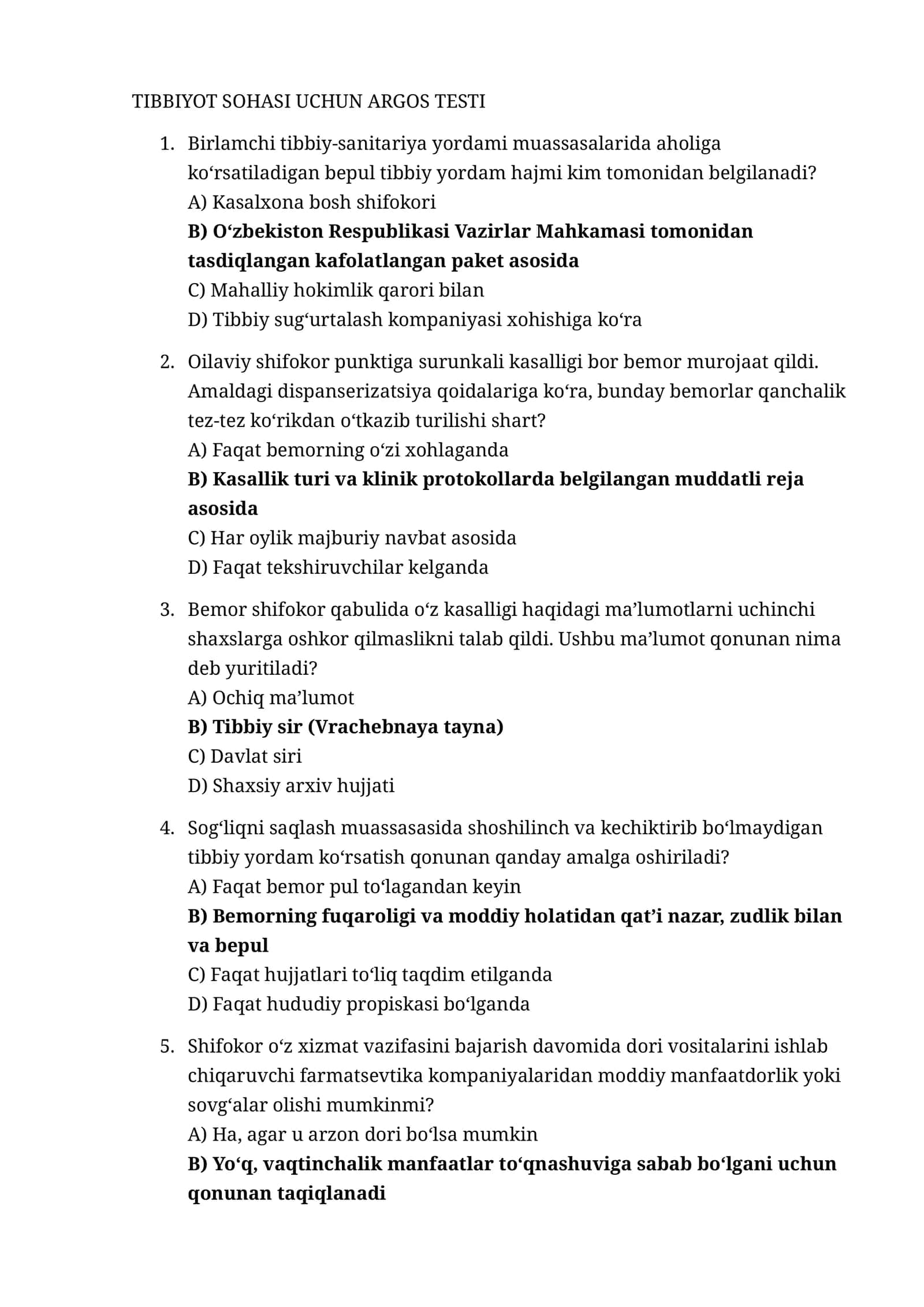 TIBBIYOT SOHASI UCHUN ARGOS TESTI 135 talik test javob formatda 1