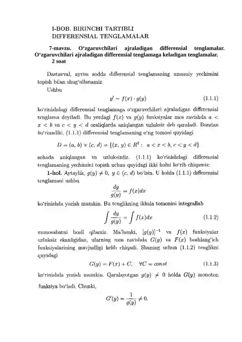 Oʻzgaruvchilari ajraladigan differensial tenglamalar.  Oʻzgaruvchilari ajraladigan differensial tenglamaga keladigan tenglamalar.