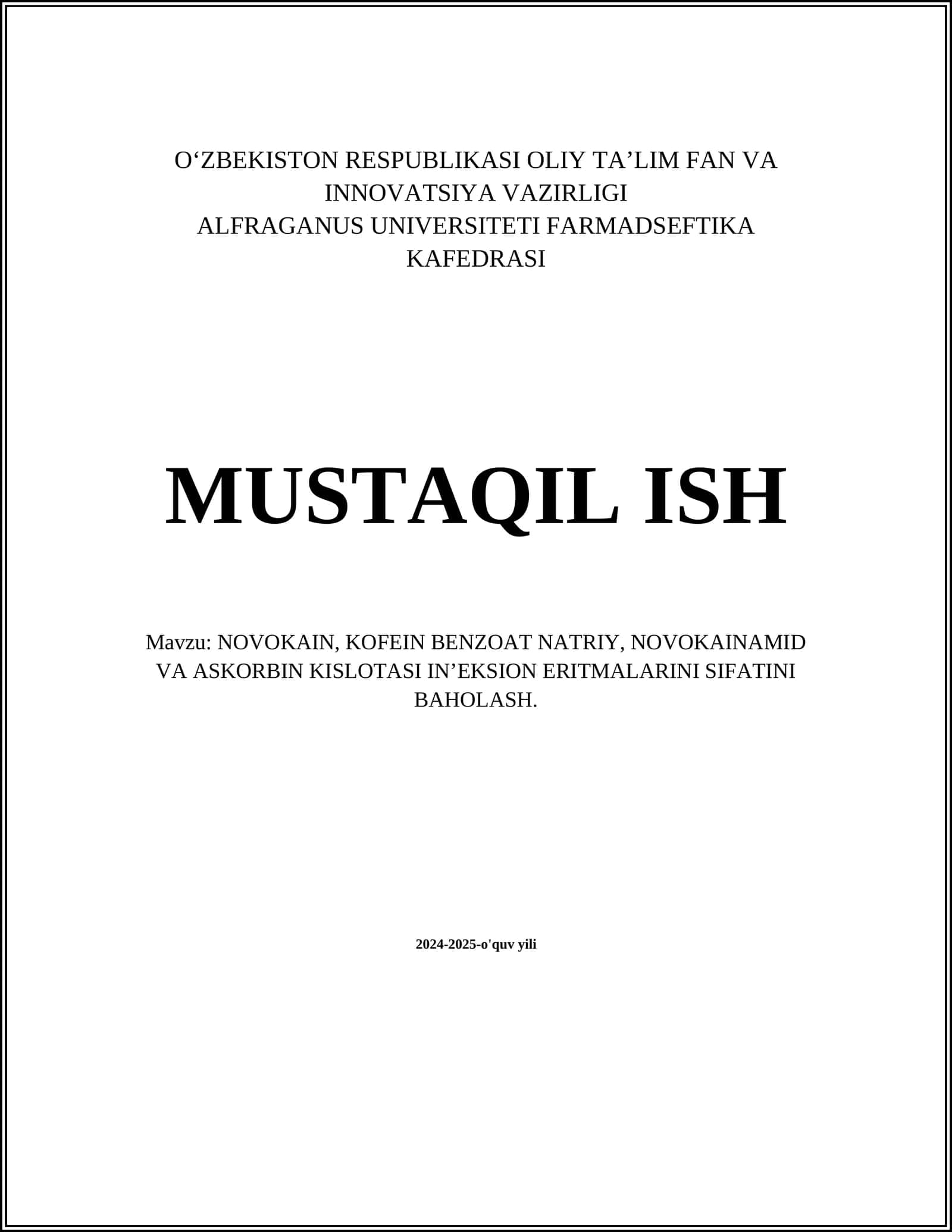 NOVOKAIN, KOFEIN BENZOAT NATRIY, NOVOKAINAMID VA ASKORBIN KISLOTASI IN’EKSION ERITMALARINI SIFATINI BAHOLASH 1