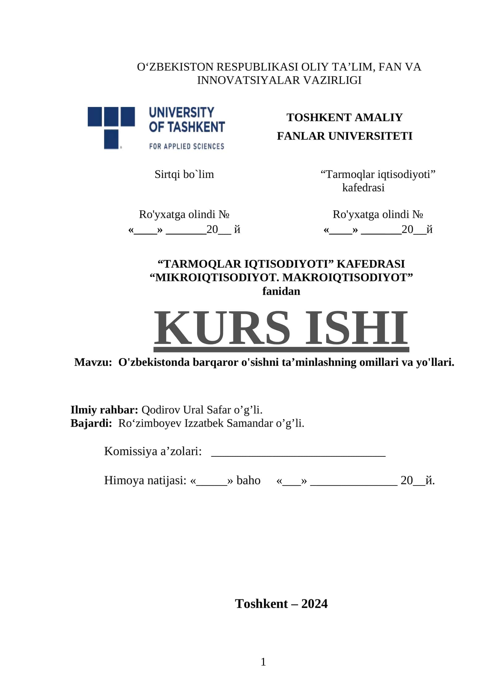 “MIKROIQTISODIYOT. MAKROIQTISODIYOT” fanidan KURS ISH 1