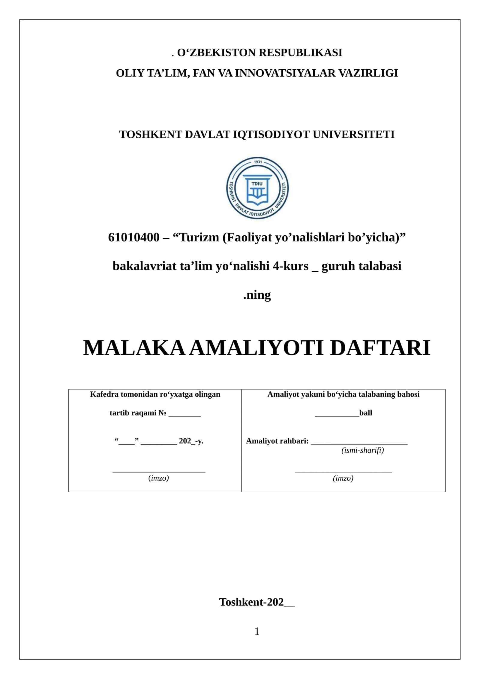 Tur firma(“Shosh Worldwide Travel”)MALAKA AMALIYOTI DAFTARI 1