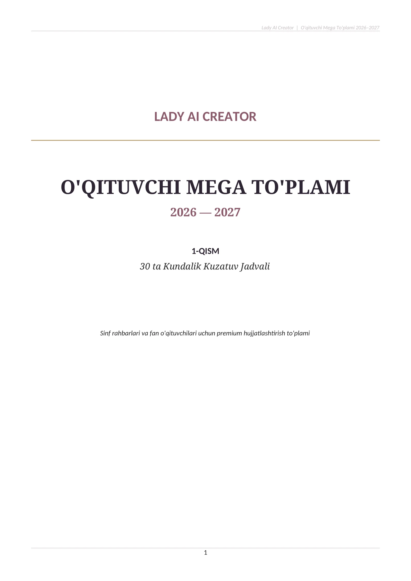 O‘QITUVCHI MEGA TO‘PLAMI 2026–2027 | 30 ta Kundalik Kuzatuv Jadvali | Word (.docx) | Sinf Rahbari uc 1