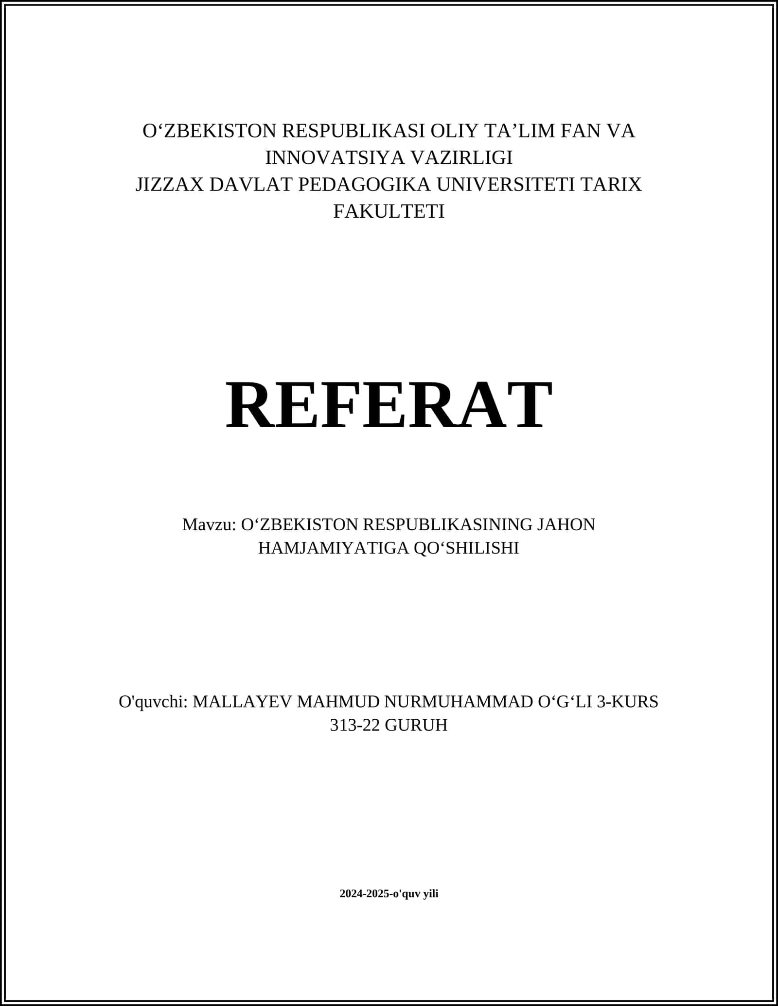 O‘ZBEKISTON RESPUBLIKASI JAHON HAMJAMIYATIGA QO‘SHILISHI 1