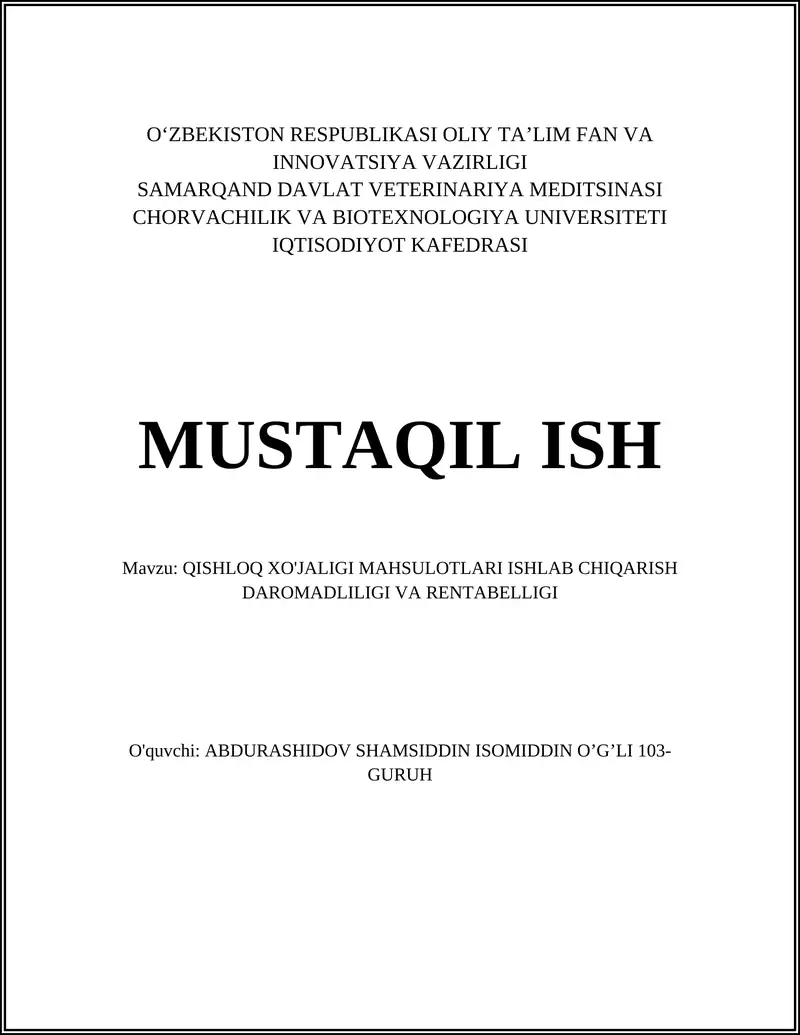 Qishloq xo'jaligi mahsulotlari ishlab chiqarish daromadliligi va rentabelligi 1