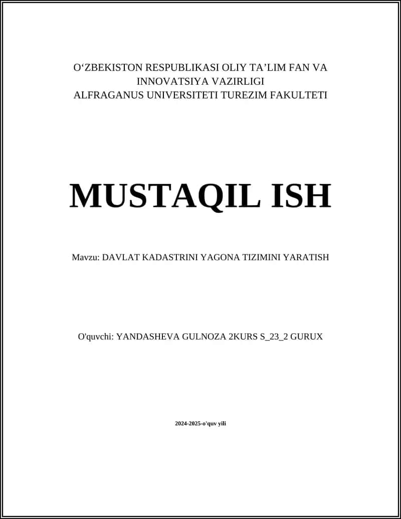 DAVLAT KADASTRINI YAGONA TIZIMINI YARATISH 1