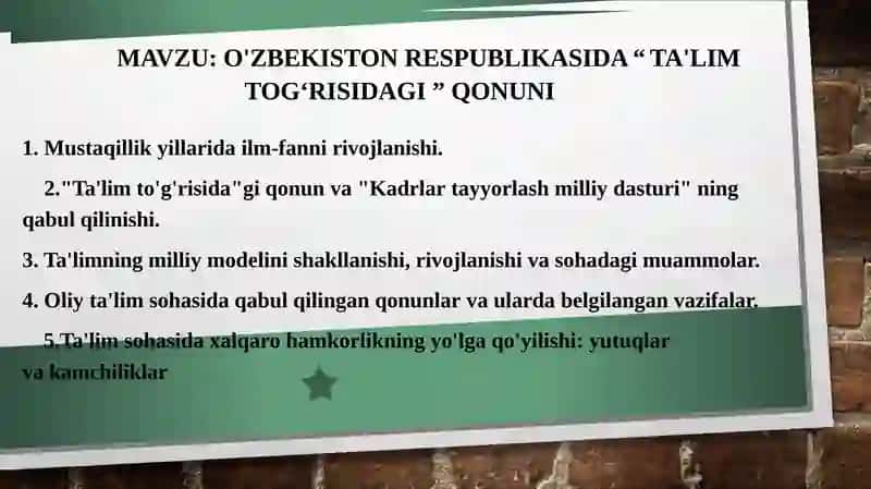 O'zbekiston RESPUBLIKASIDA  ta'lim to'g'risidagi qonuni slayt