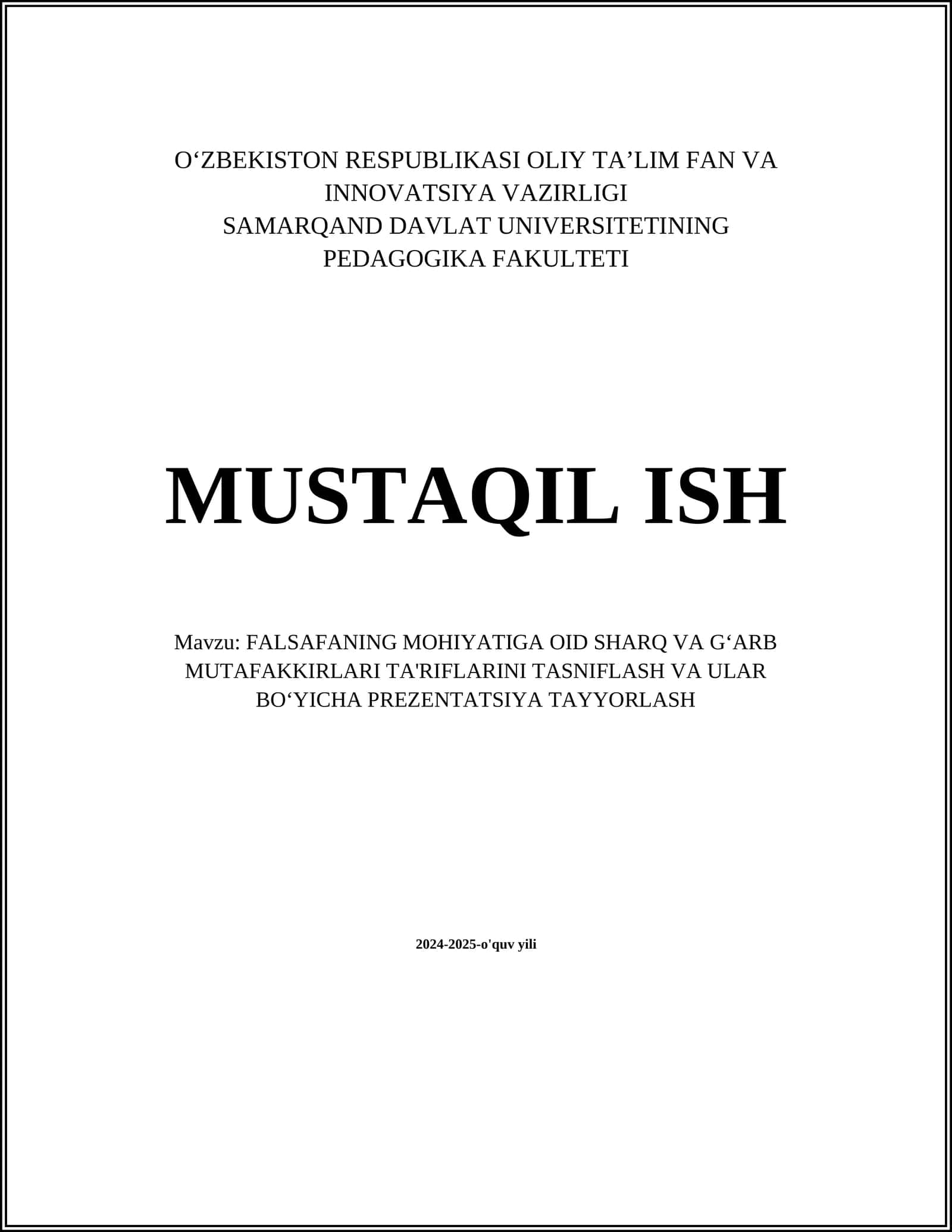 FALSAFANING MOHIYATIGA OID SHARQ VA GʻARB MUTAFAKKIRLARI TA'RIFLARINI TASNIFLASH VA ULAR BOʻYICHA PREZENTATSIYA TAYYORLASH 1