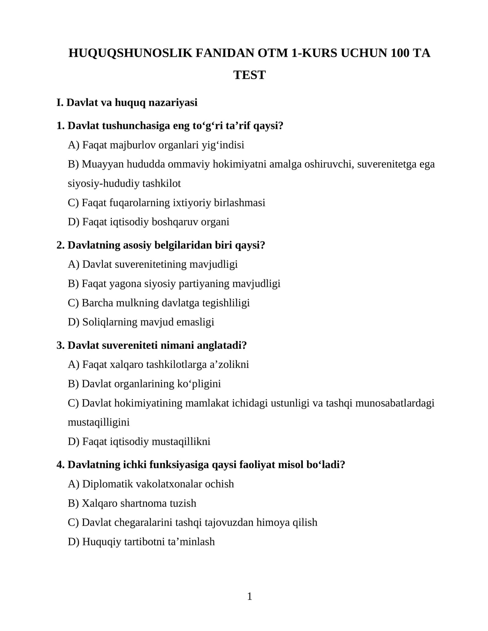 HUQUQSHUNOSLIK FANIDAN OTM 1-KURS UCHUN 100 TA TEST 1