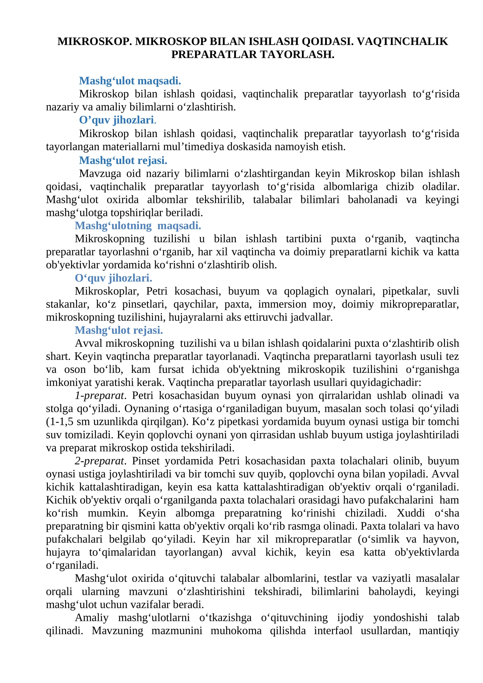 MIKROSKOP. MIKROSKOP BILAN ISHLASH QOIDASI. VAQTINCHALIK PREPARATLAR TAYORLASH 1