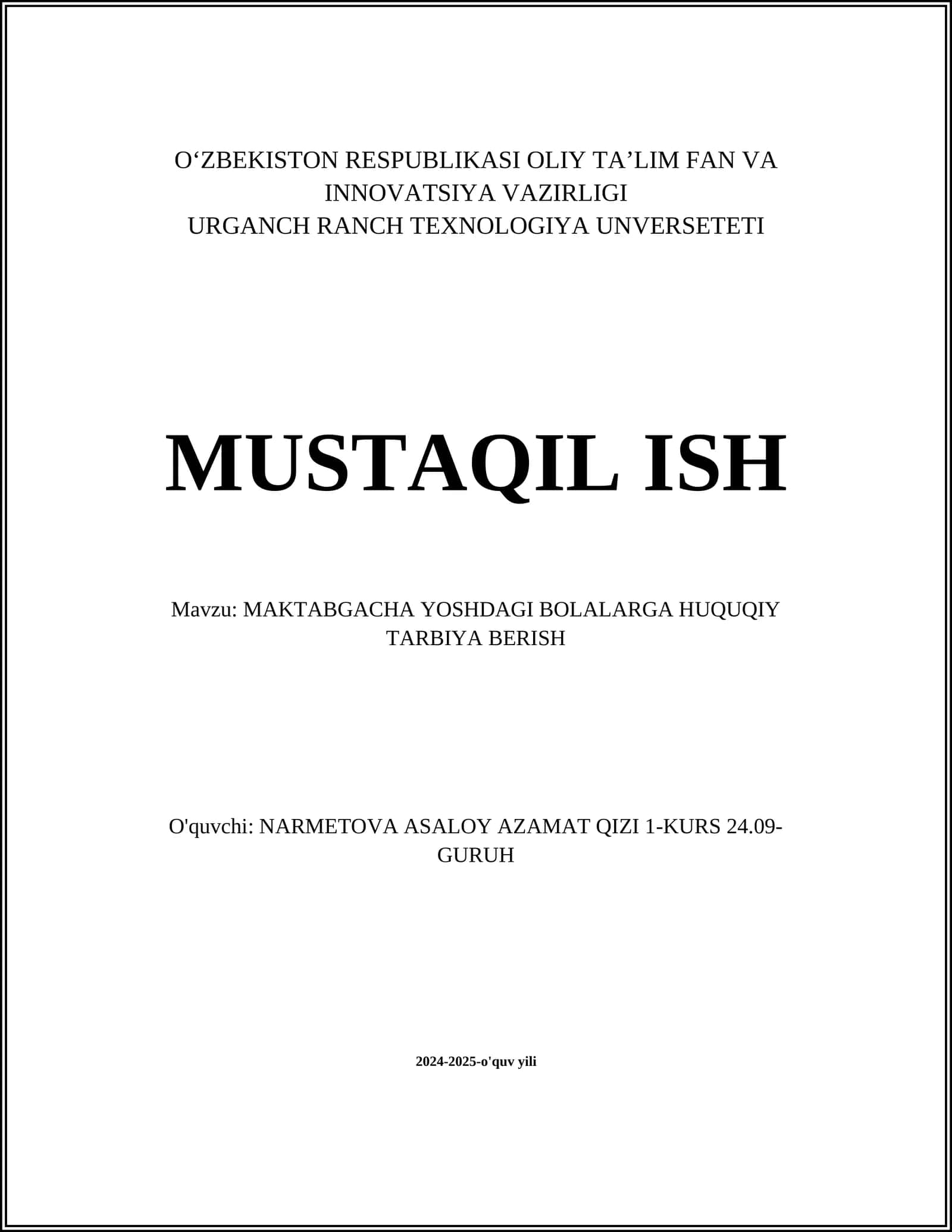 MAKTABGACHA YOSHDAGI BOLALARGA HUQUQIY TARBIYA BERISH 1