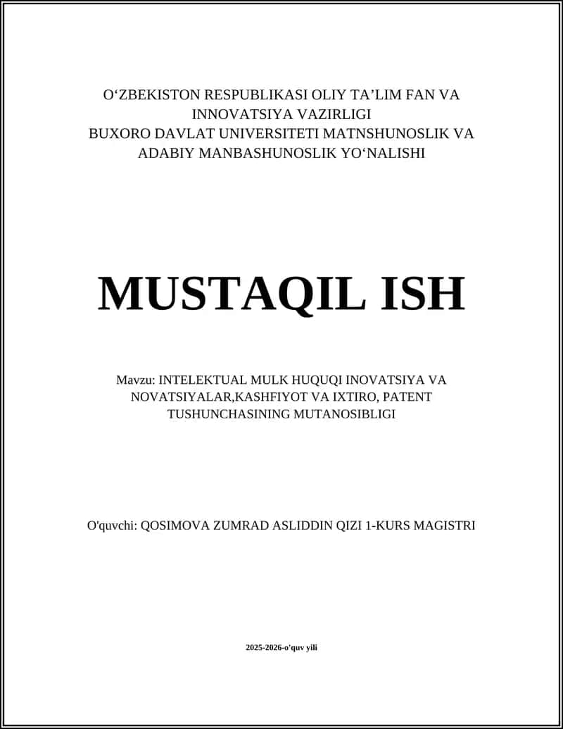 INTELEKTUAL MULK HUQUQI INOVATSIYA VA NOVATSIYALAR 1